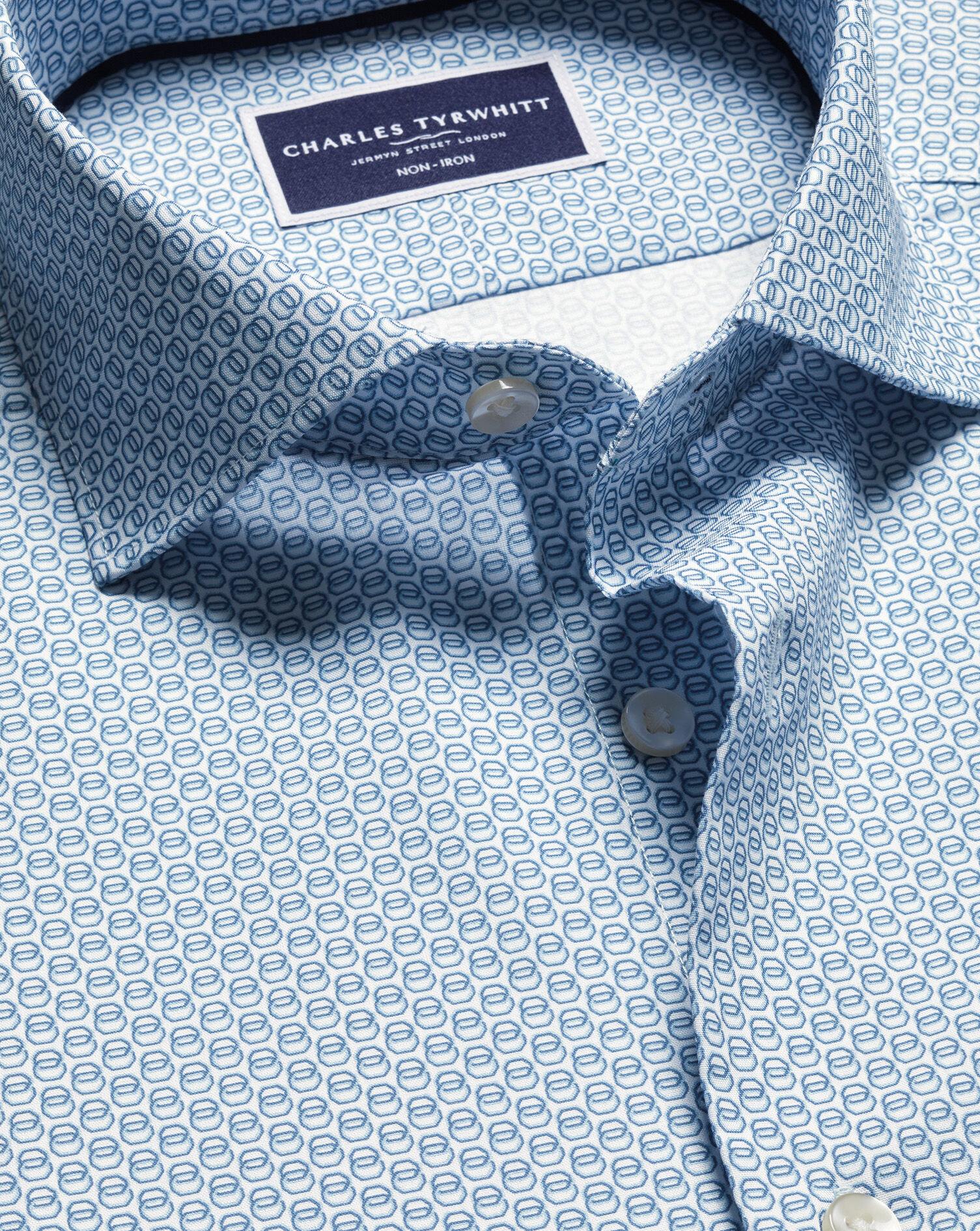 Semi-Spread Collar Non-Iron Stretch Print Shirt - Blue