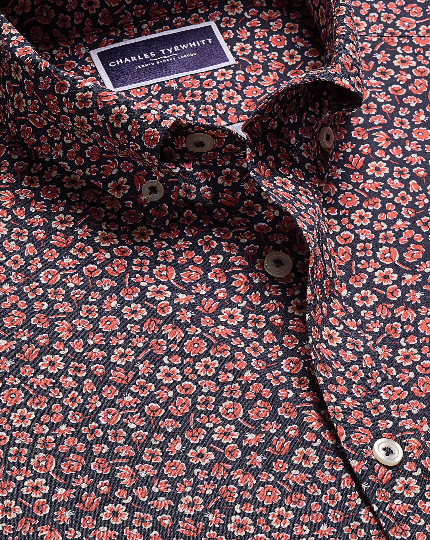 Non-Iron Poplin Floral Print Short Sleeve Shirt - Dark Navy