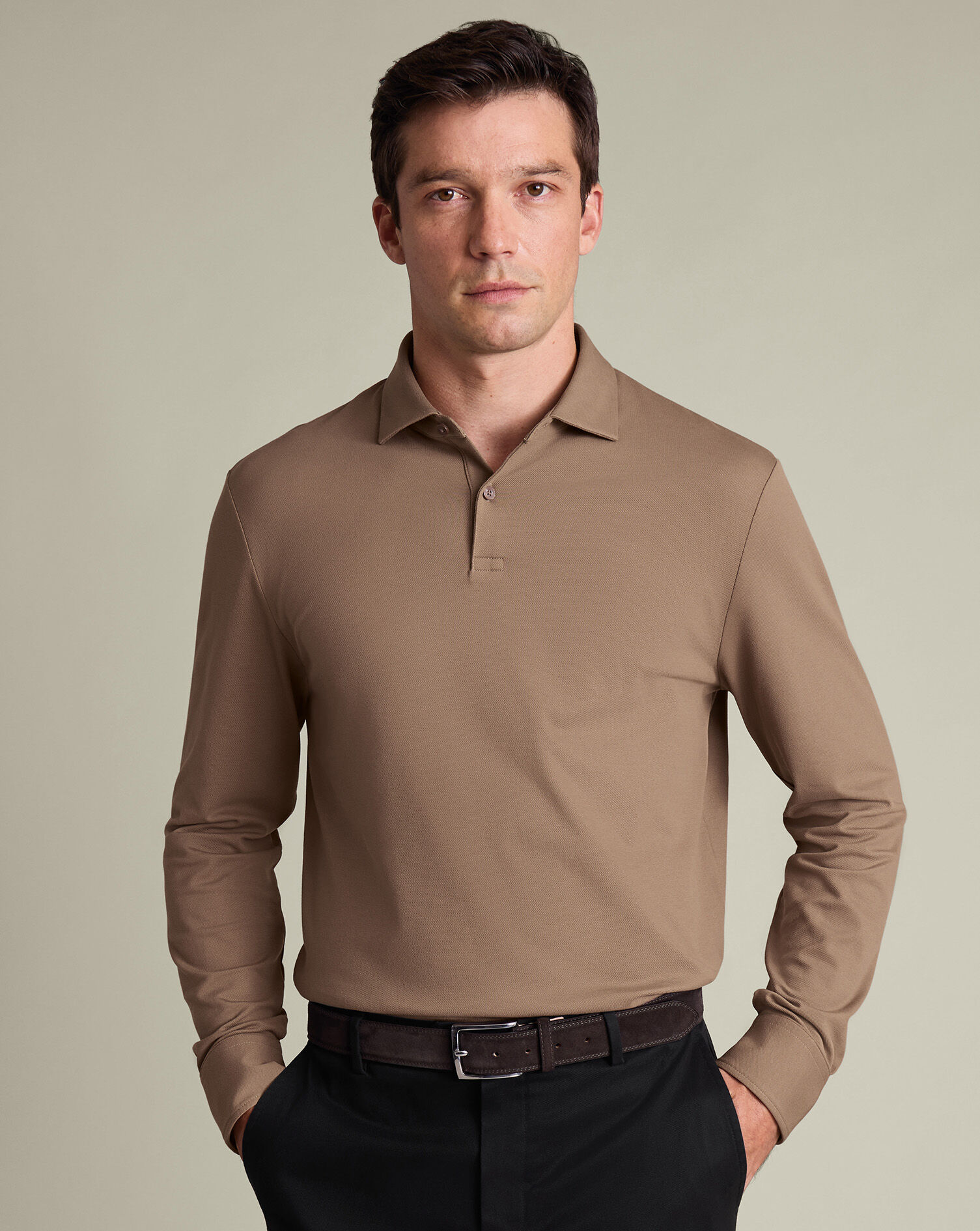 Long Sleeve Smart Pique Polo - Camel