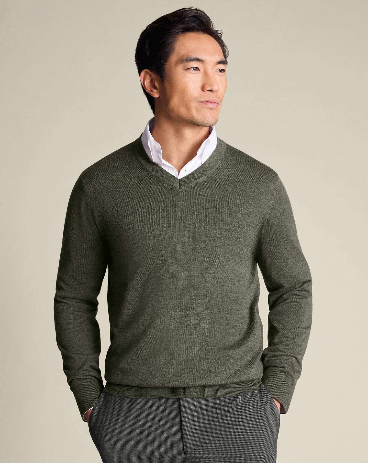 Pure Merino V-Neck Sweater - Olive Green
