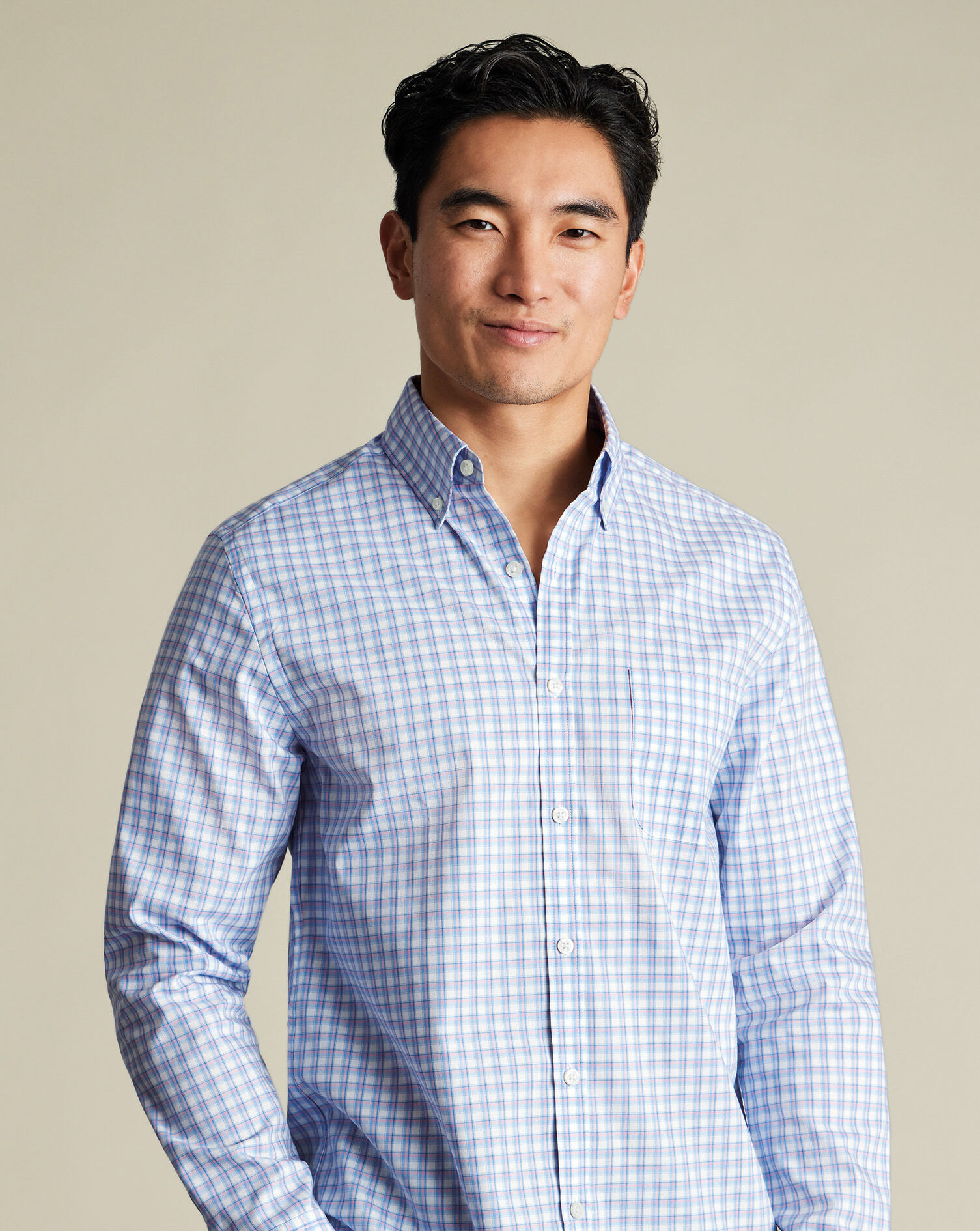 Non-Iron Stretch Poplin Check Shirt - Ocean Blue & Pink