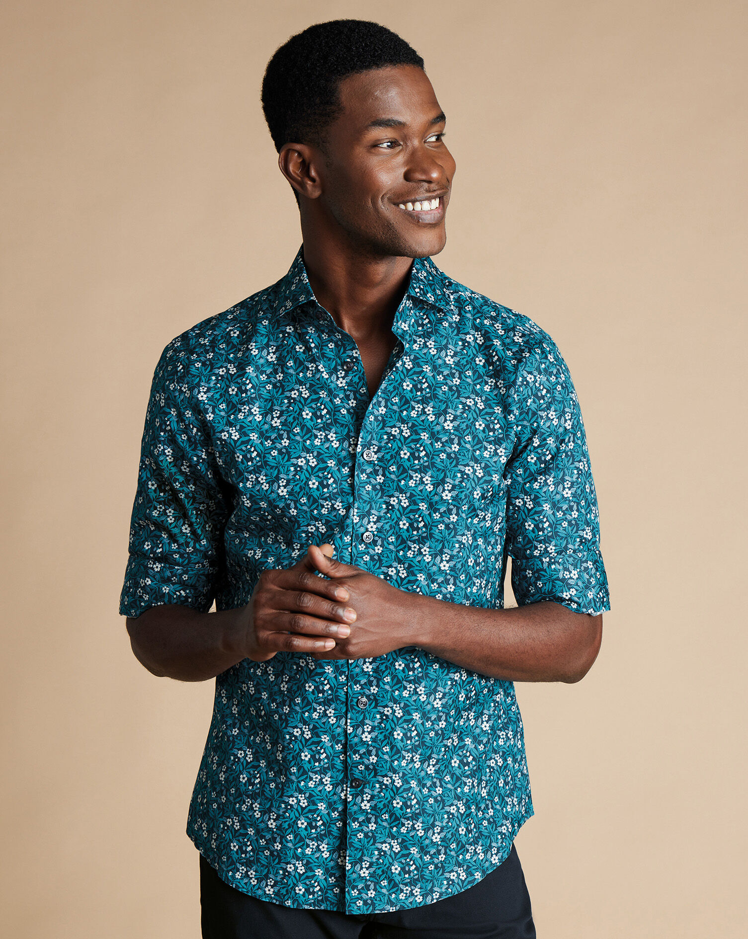 Made with Liberty Fabric Semi-Spread Collar Floral Print Shirt - Atlantic Green