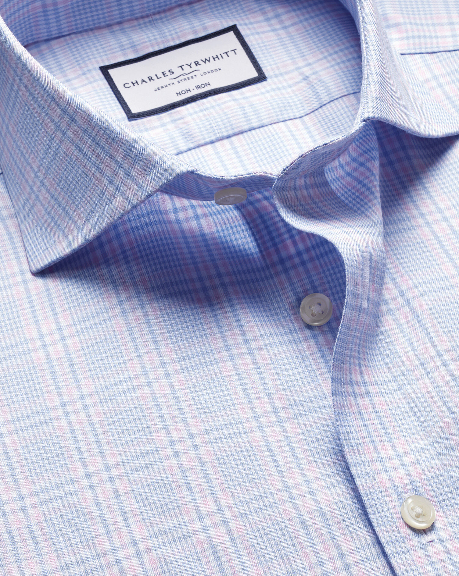 Non-Iron Twill Prince of Wales Shirt - Sky Blue & Pink