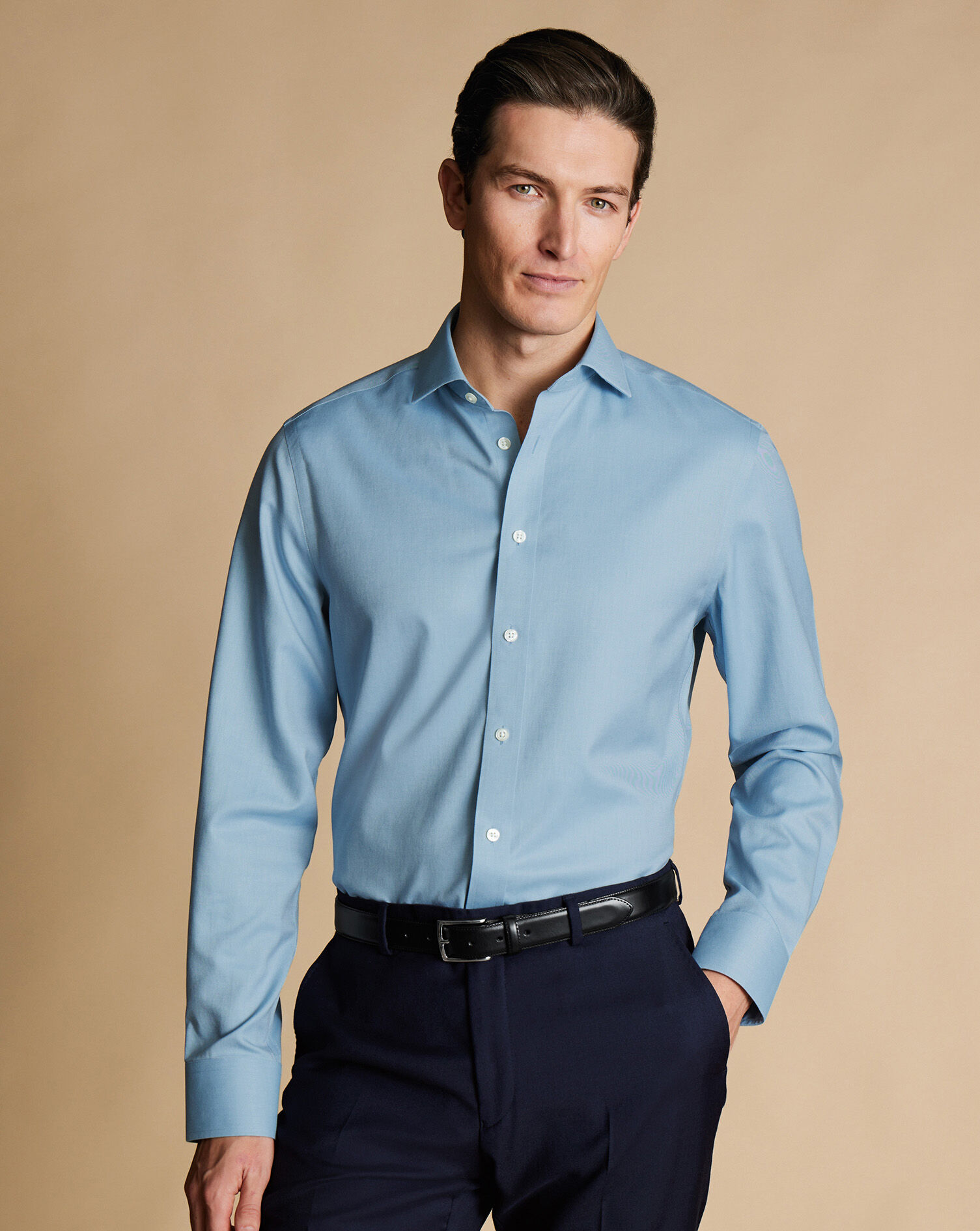 Spread Collar Non-Iron Twill Shirt - Mid Blue