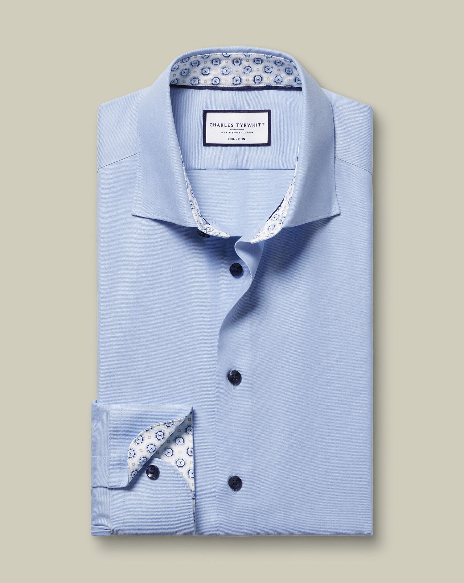 Non-Iron Stretch Printed Trim Shirt - Sky Blue