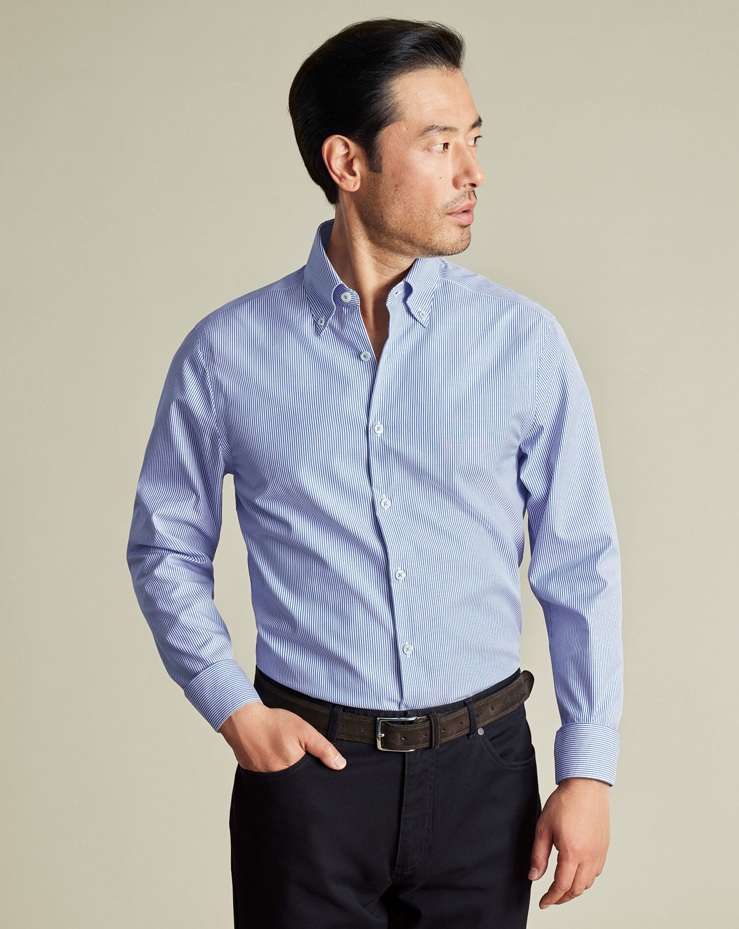 Button-Down Non-Iron Oxford Stripe Shirt - Cobalt Blue