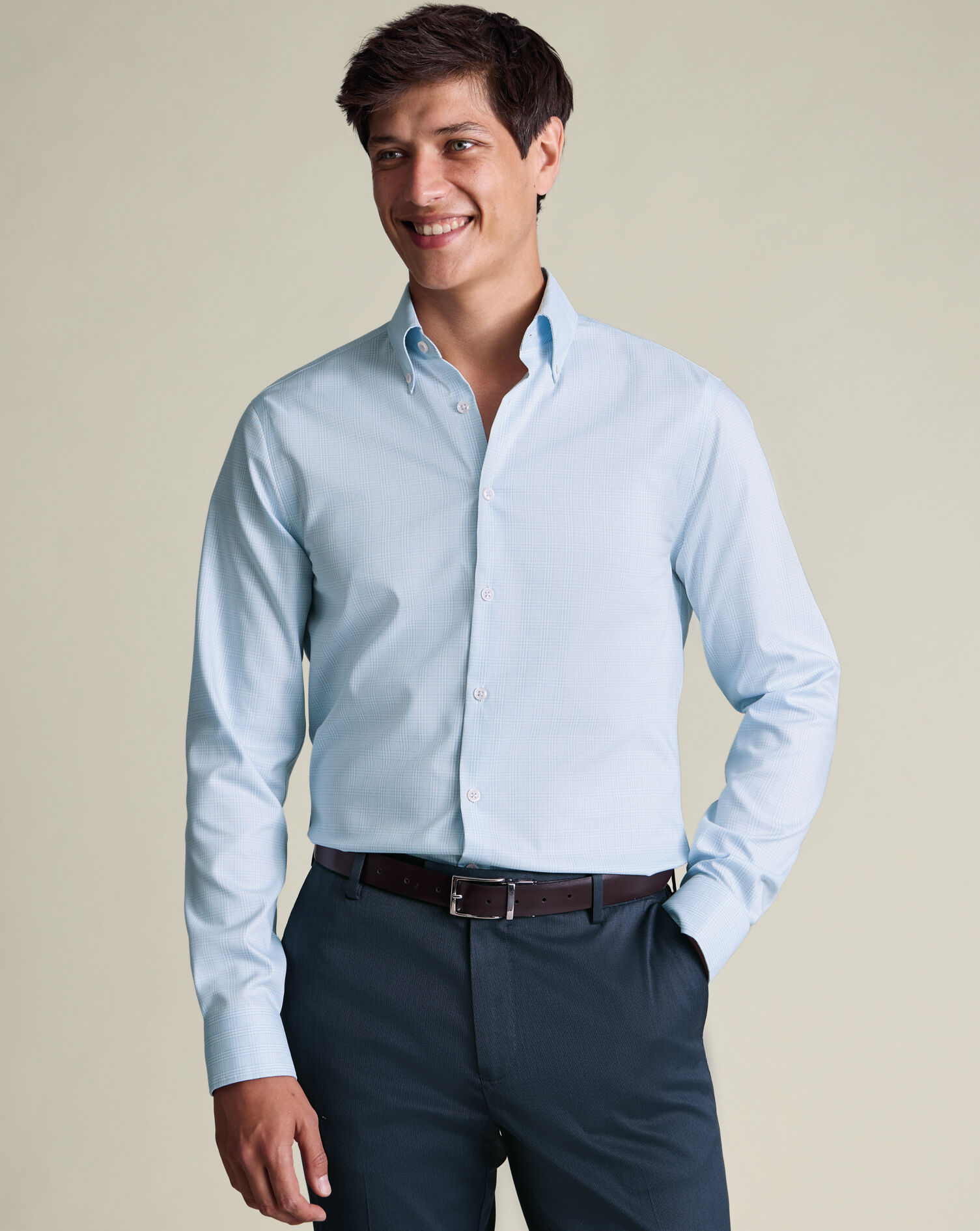 Button-Down Non-Iron Oxford Prince of Wales Check Shirt - Blue