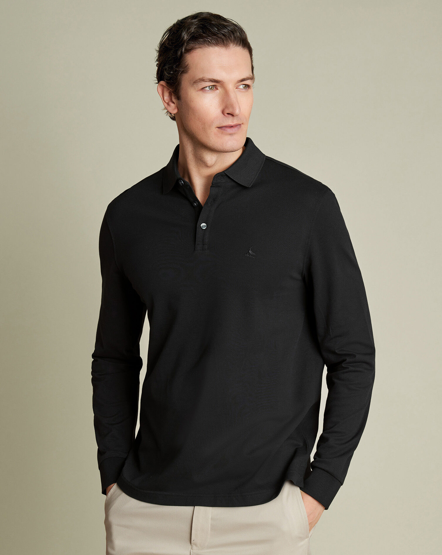 Long Sleeve Pique Polo - Black