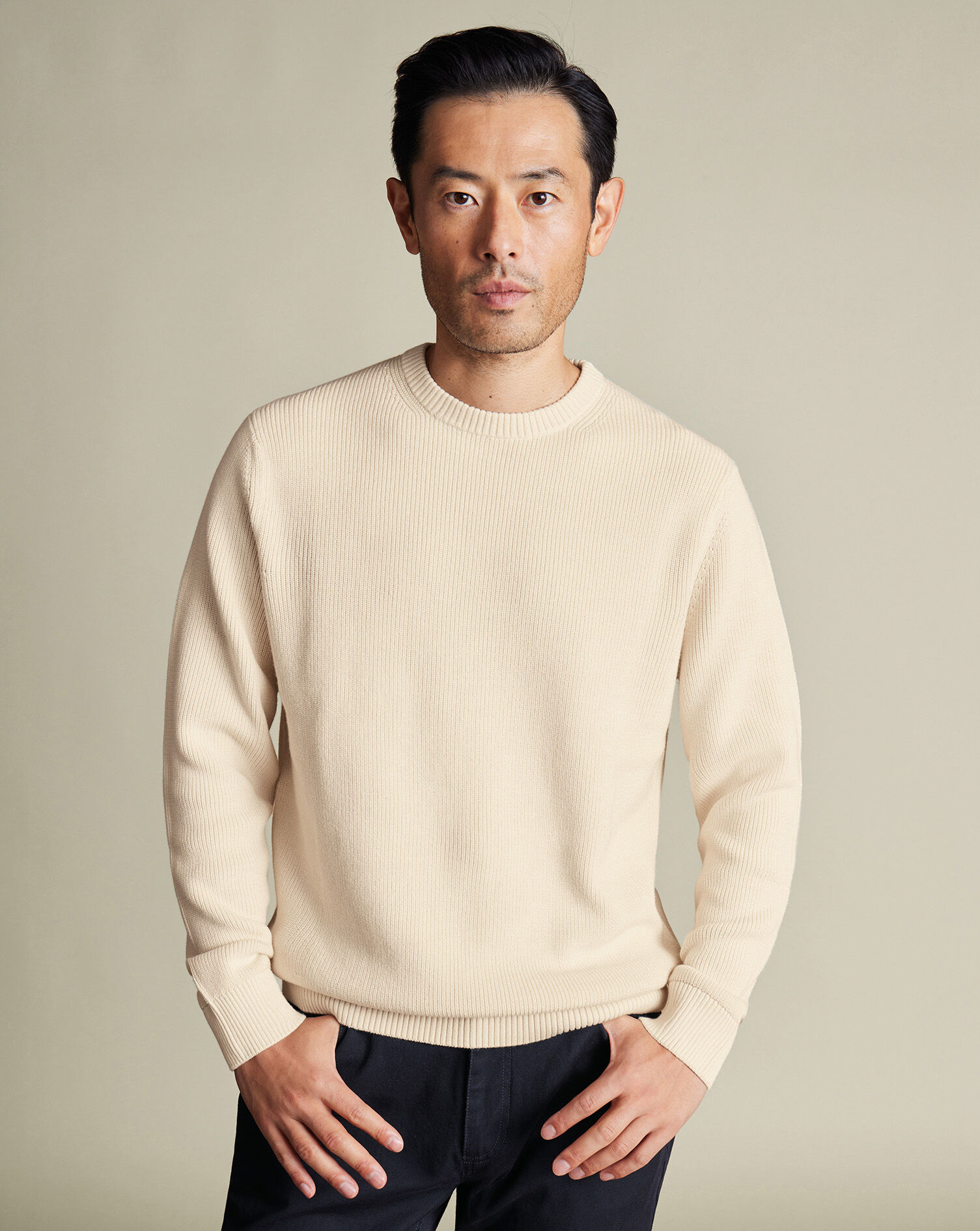 Cotton Rib Crew Neck Sweater - Cream
