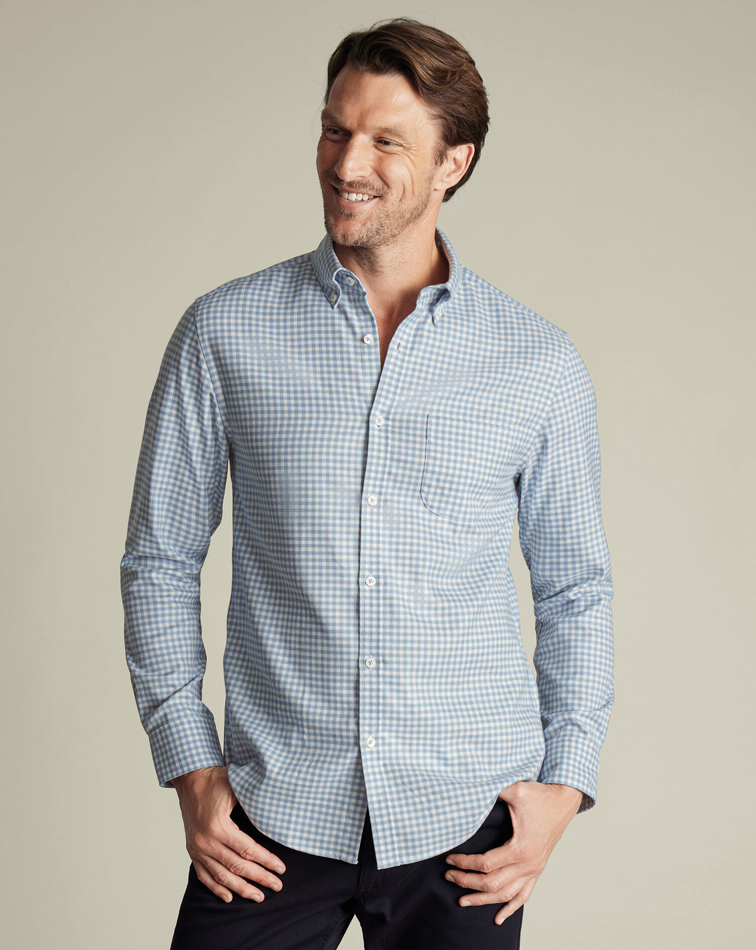 Non-Iron Twill Gingham Shirt - Light Blue
