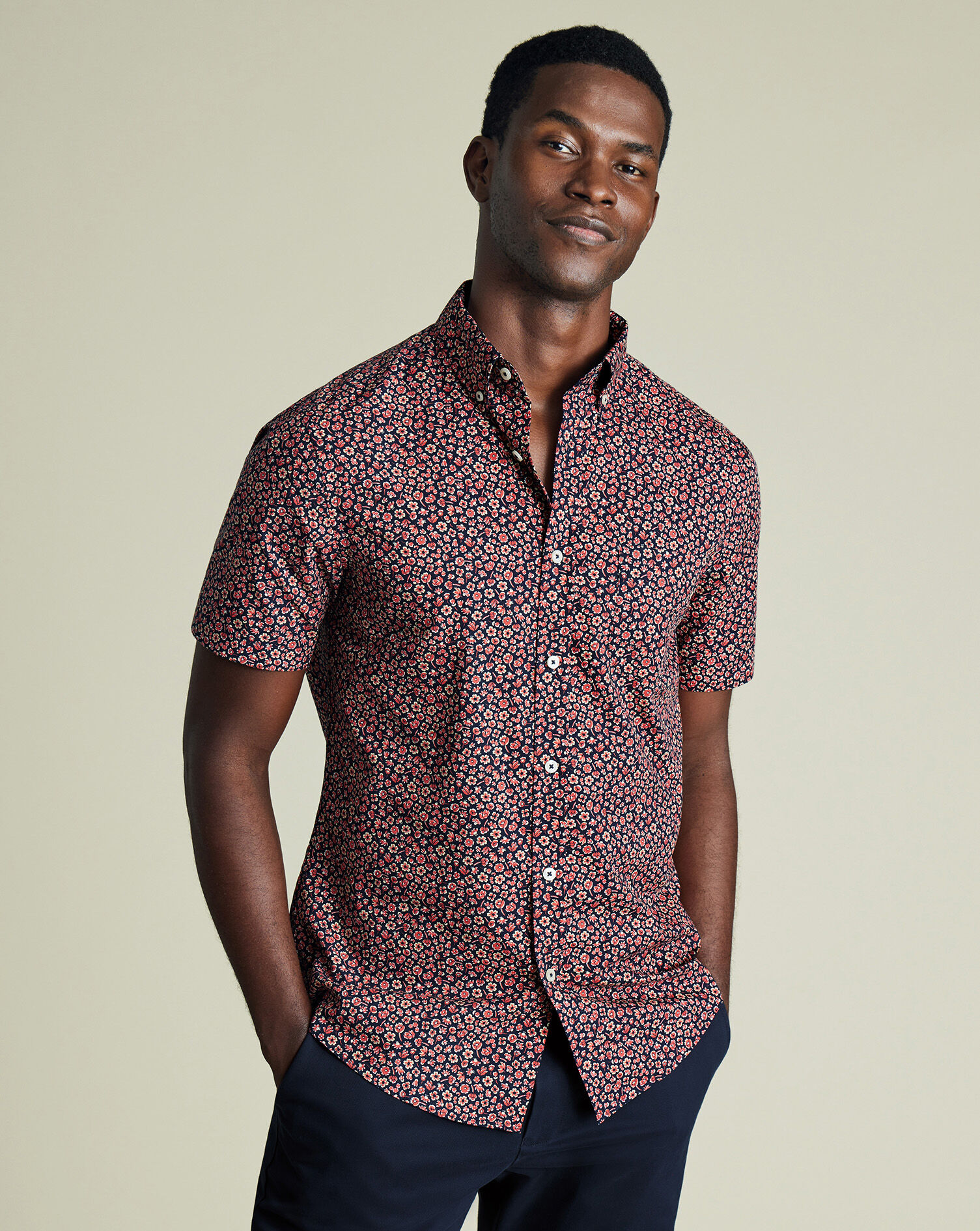 Non-Iron Poplin Floral Print Short Sleeve Shirt - Dark Navy