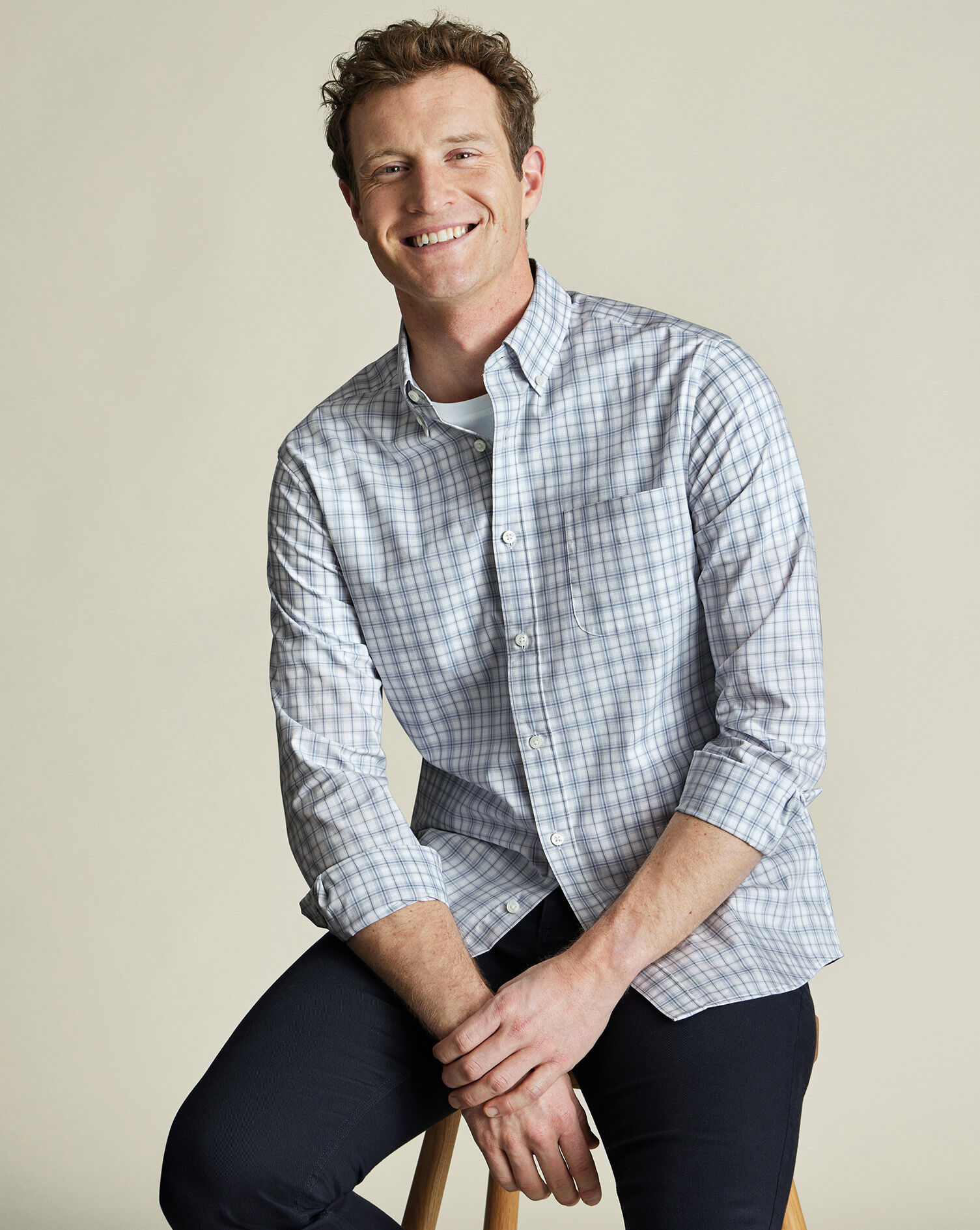 Non-Iron Stretch Poplin Check Shirt - Silver Gray