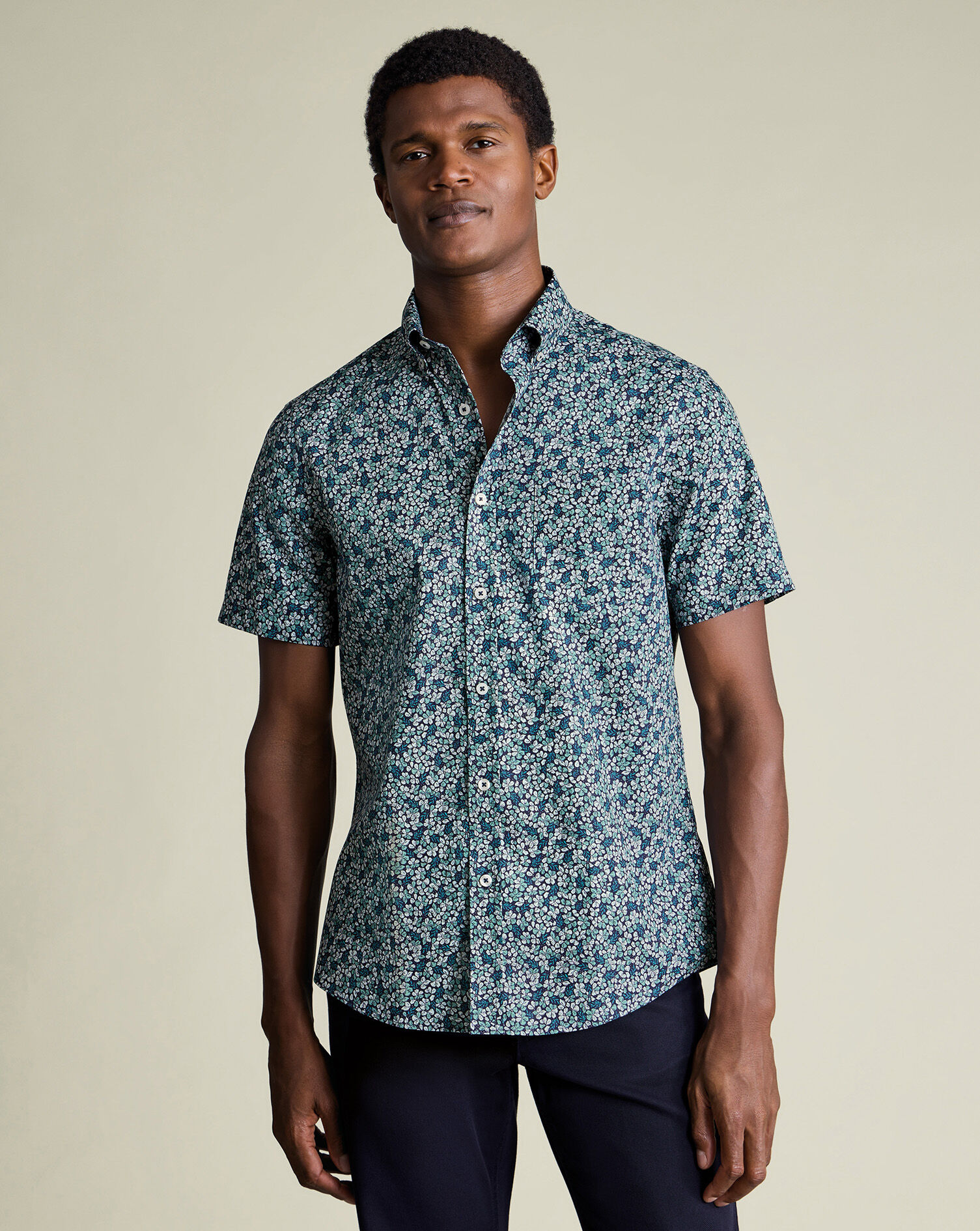 Non-Iron Stretch Floral Print Shirt - Navy