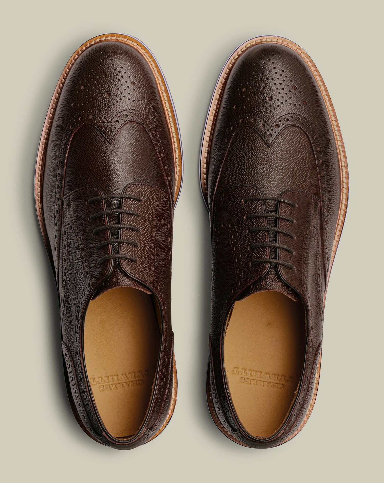 Grain Leather Derby Brogue Rubber Sole Shoe - Chestnut Brown