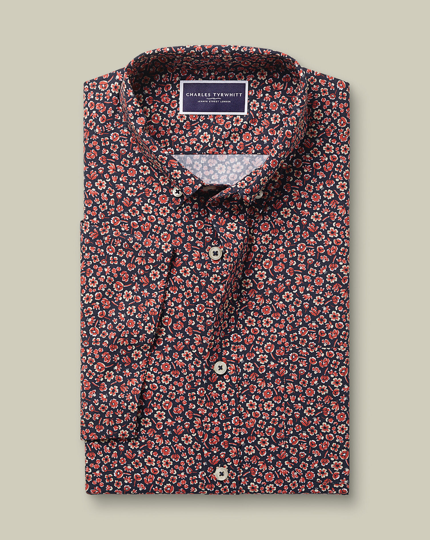 Non-Iron Poplin Floral Print Short Sleeve Shirt - Dark Navy