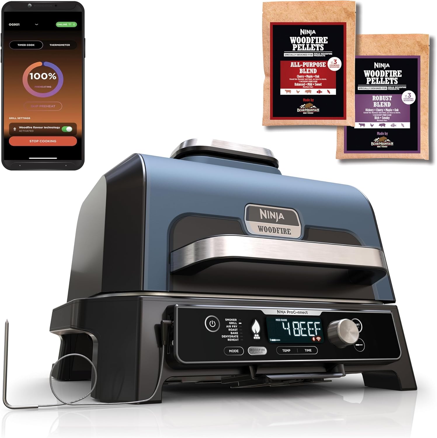 Ninja Woodfire Pro Connect XL Electric BBQ Grill & Smoker with App Control, Digital Sensor, Large 7-in-1 Grill & Air Fryer with Wood Fire Pellets, Weatherproof, Black OG901EU