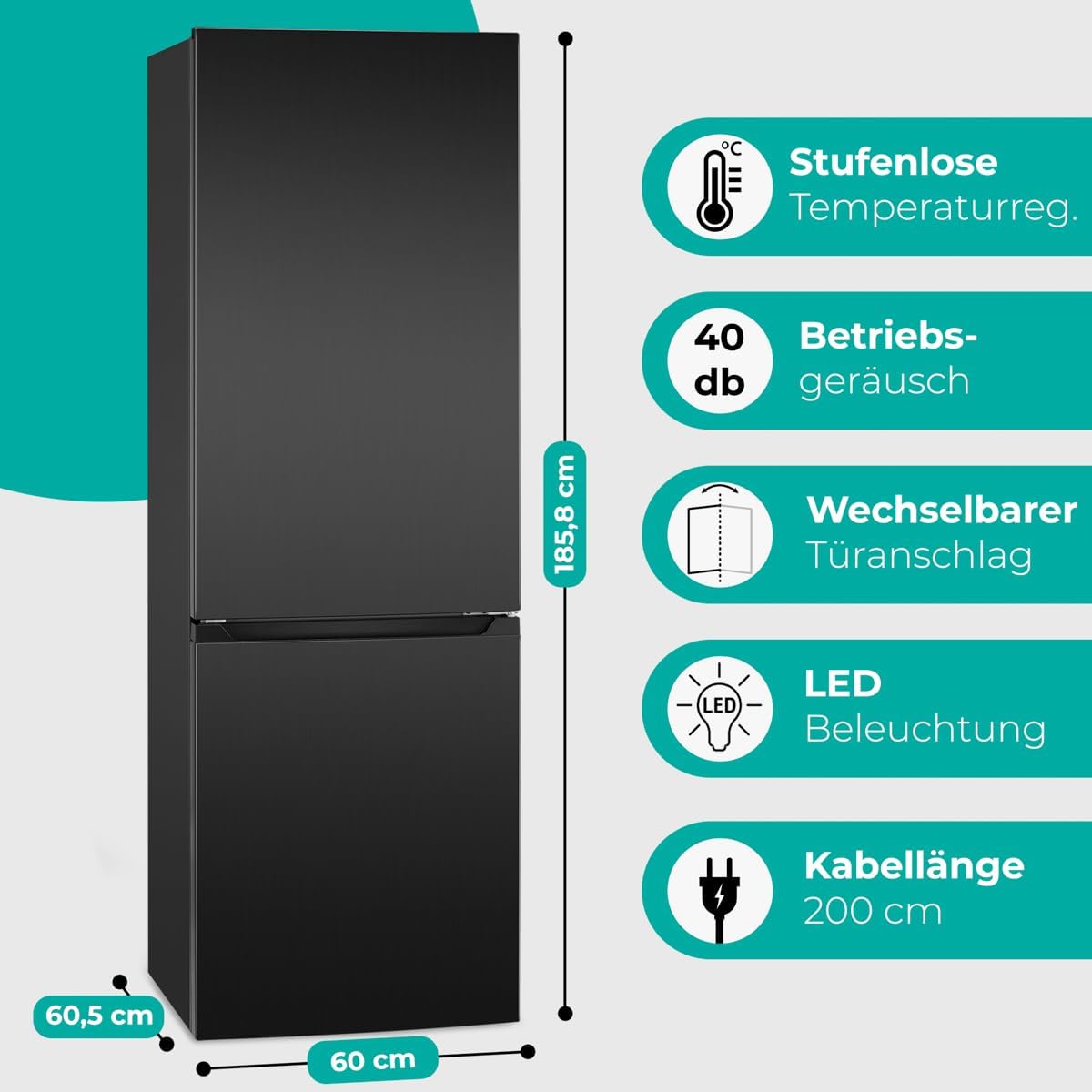 Bomann  Fridge-freezer, 269 l capacity - cooling: 198 L | freezing: 71 l, energy saving, quiet 39 dB, LED, interchangeable door stop, height: 180 x width: 55 x depth: 56 cm - KG 184.1 inox