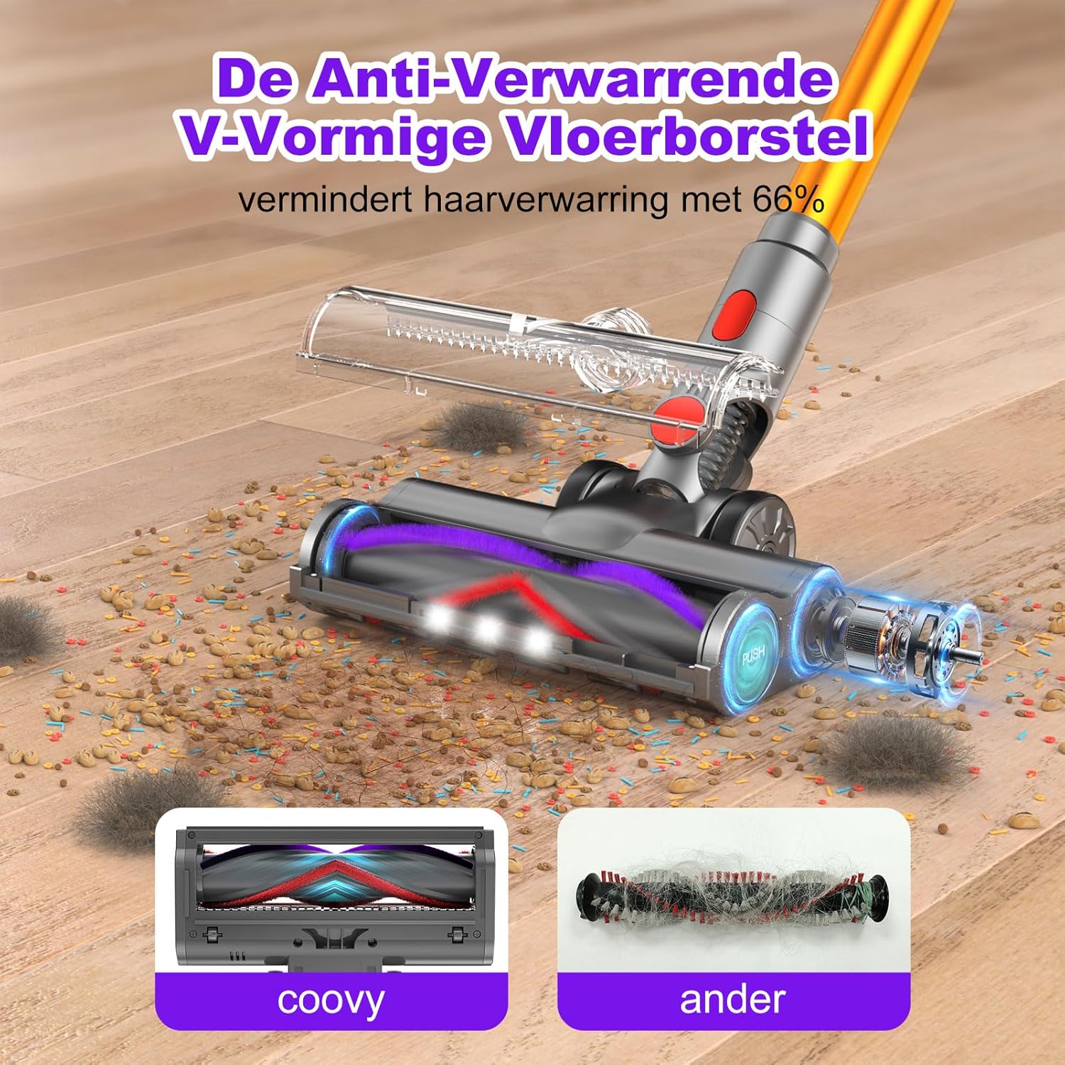 coovy SU7 Stick Vacuum Cleaner Cordless 580W/45Kpa/75Min, LED Display, 1.3 L Vacuum Cleaner Anti-tangle, Stick Vacuum Cleaner Cordless for Pet Hair, Carpet, Hard Floors