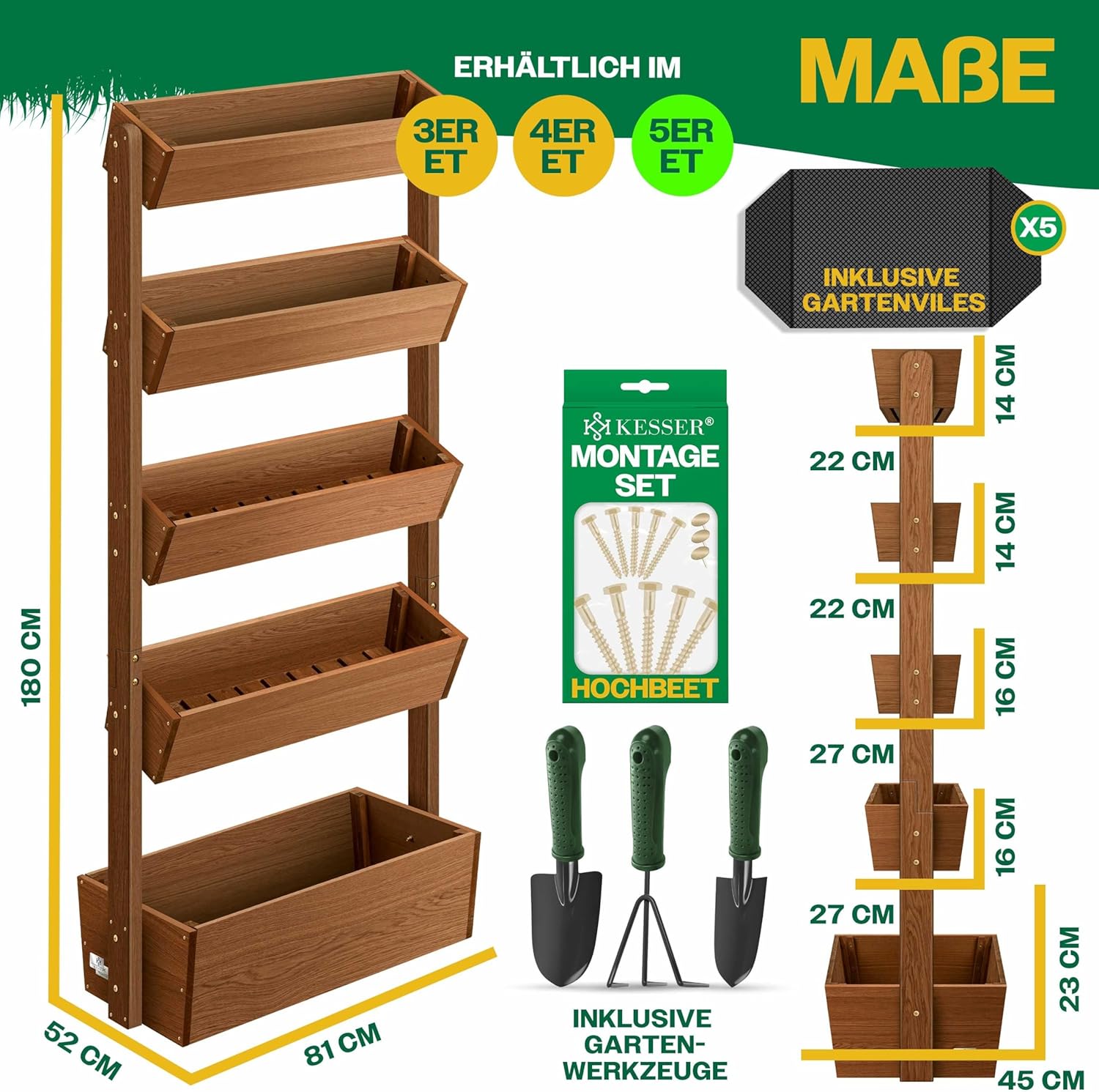 KESSER  Plant Staircase Herbs Flowers in Stair Shape Herb Garden Flower Boxes Including Root Cloth Bed for Plants for Patio, Balcony and Garden (5 Shelves, Brown)