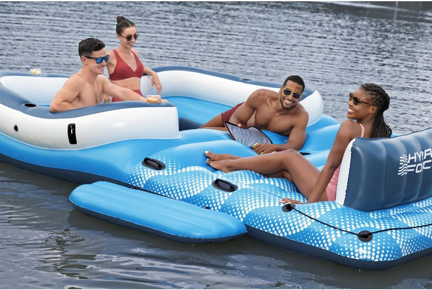 Tropical Breeze 6-persoons opblaasbaar feest-eiland, groot ontspannend waterspeelgoed met afneembaar zonnescherm en koeltas