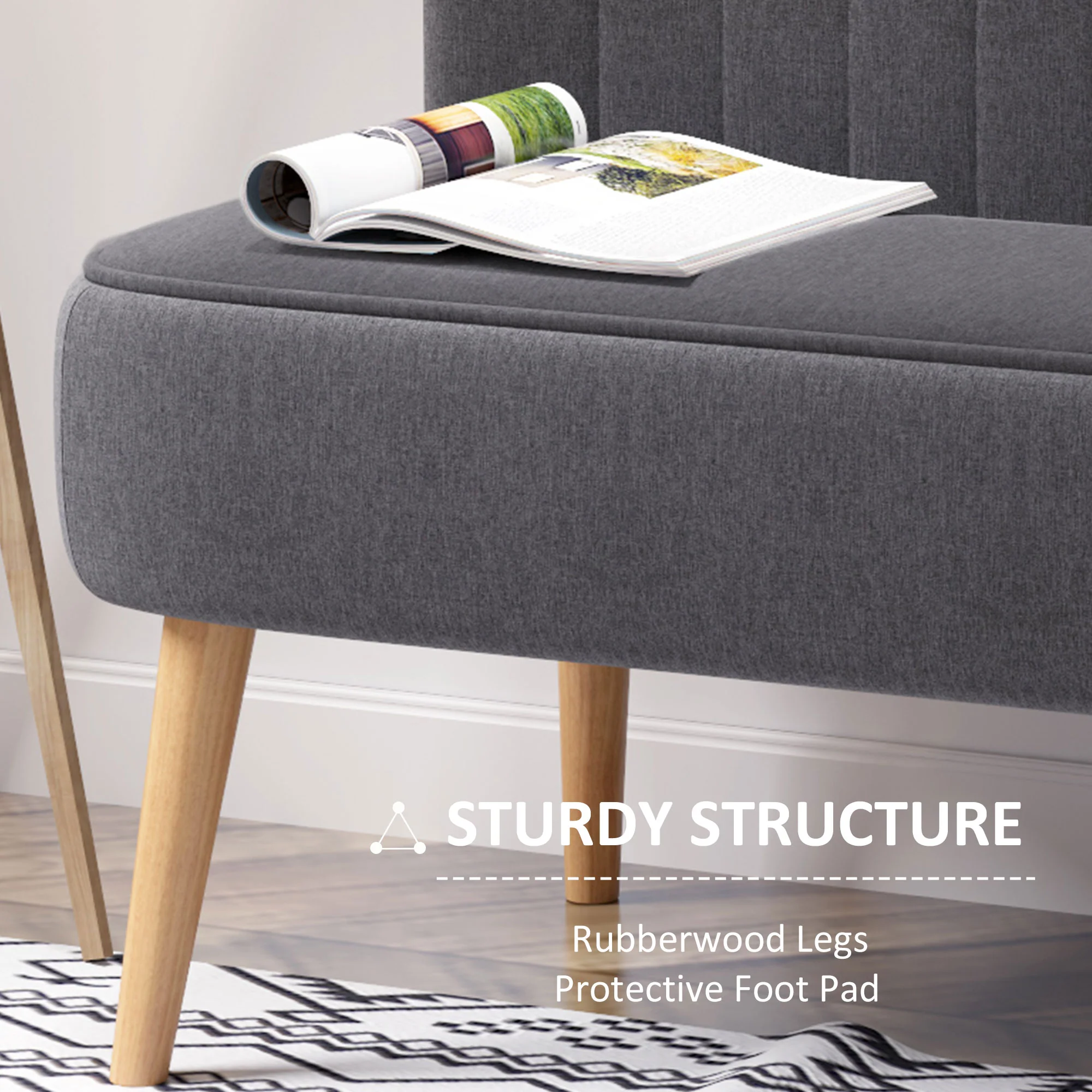 Modern linnen tweezitsbankje, compact bankje met vulling en houten poten, grijs