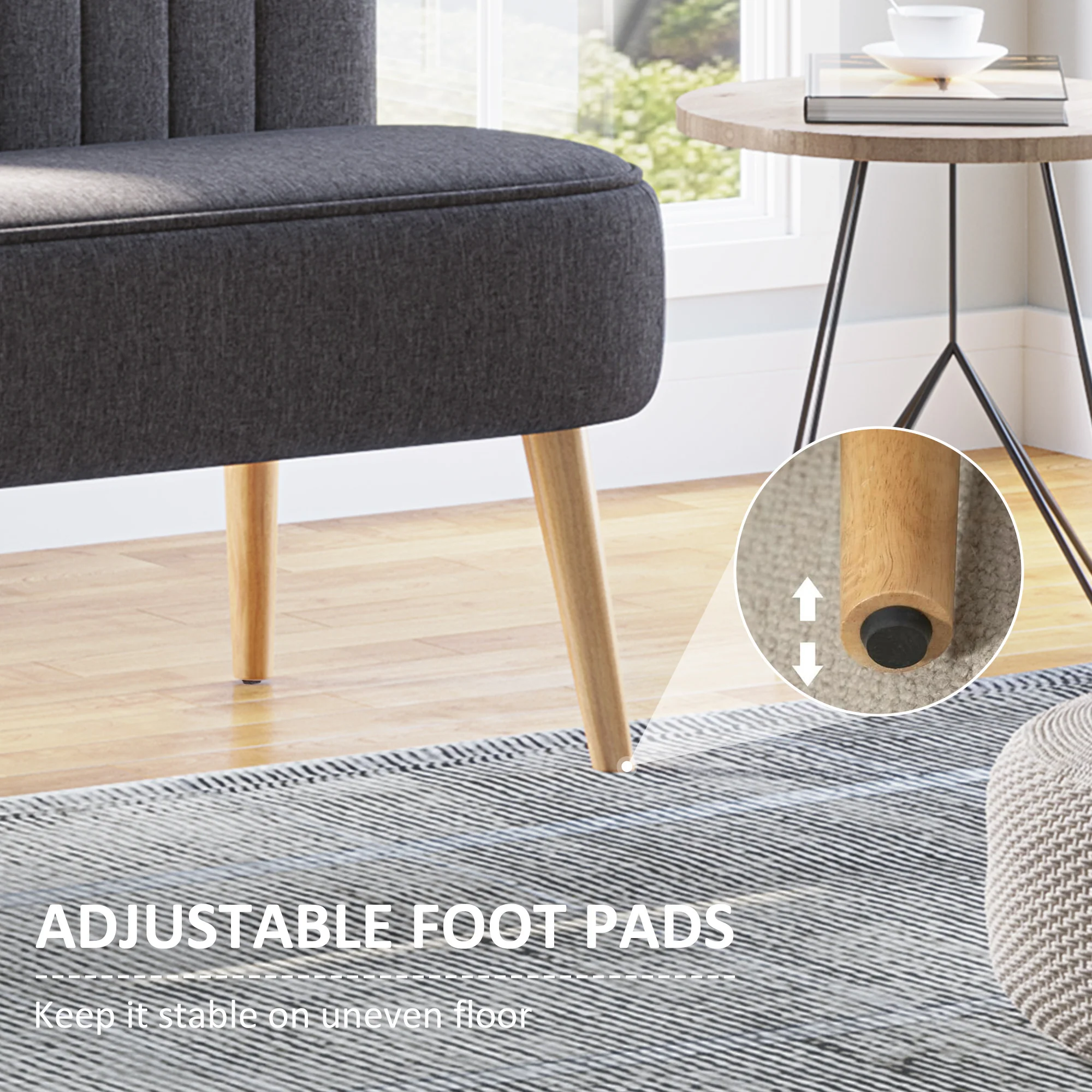 Modern linnen tweezitsbankje, compact bankje met vulling en houten poten, grijs