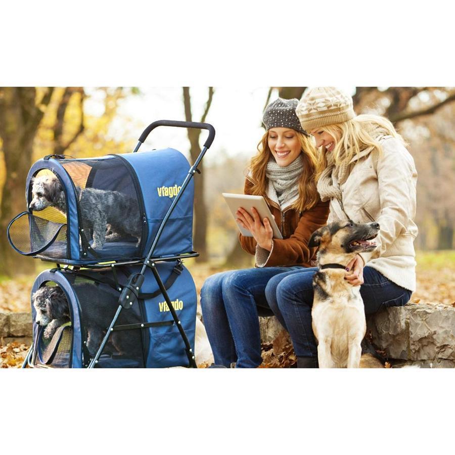 2025 Dubbele Huisdierwagen 42 voor 2 Honden en Katten �C Opvouwbare Wagen met 4 Wielen en Veringsysteem, Marineblauw