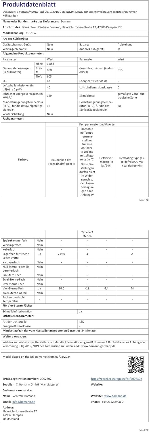Bomann  Fridge-freezer, 269 l capacity - cooling: 198 L | freezing: 71 l, energy saving, quiet 39 dB, LED, interchangeable door stop, height: 180 x width: 55 x depth: 56 cm - KG 184.1 inox