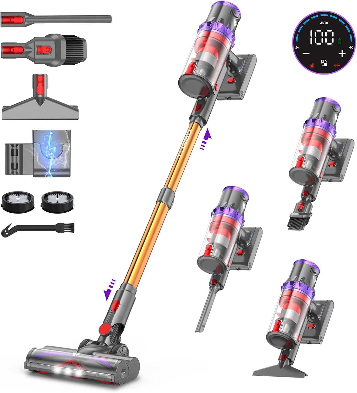 coovy SU7 Stick Vacuum Cleaner Cordless 580W/45Kpa/75Min, LED Display, 1.3 L Vacuum Cleaner Anti-tangle, Stick Vacuum Cleaner Cordless for Pet Hair, Carpet, Hard Floors