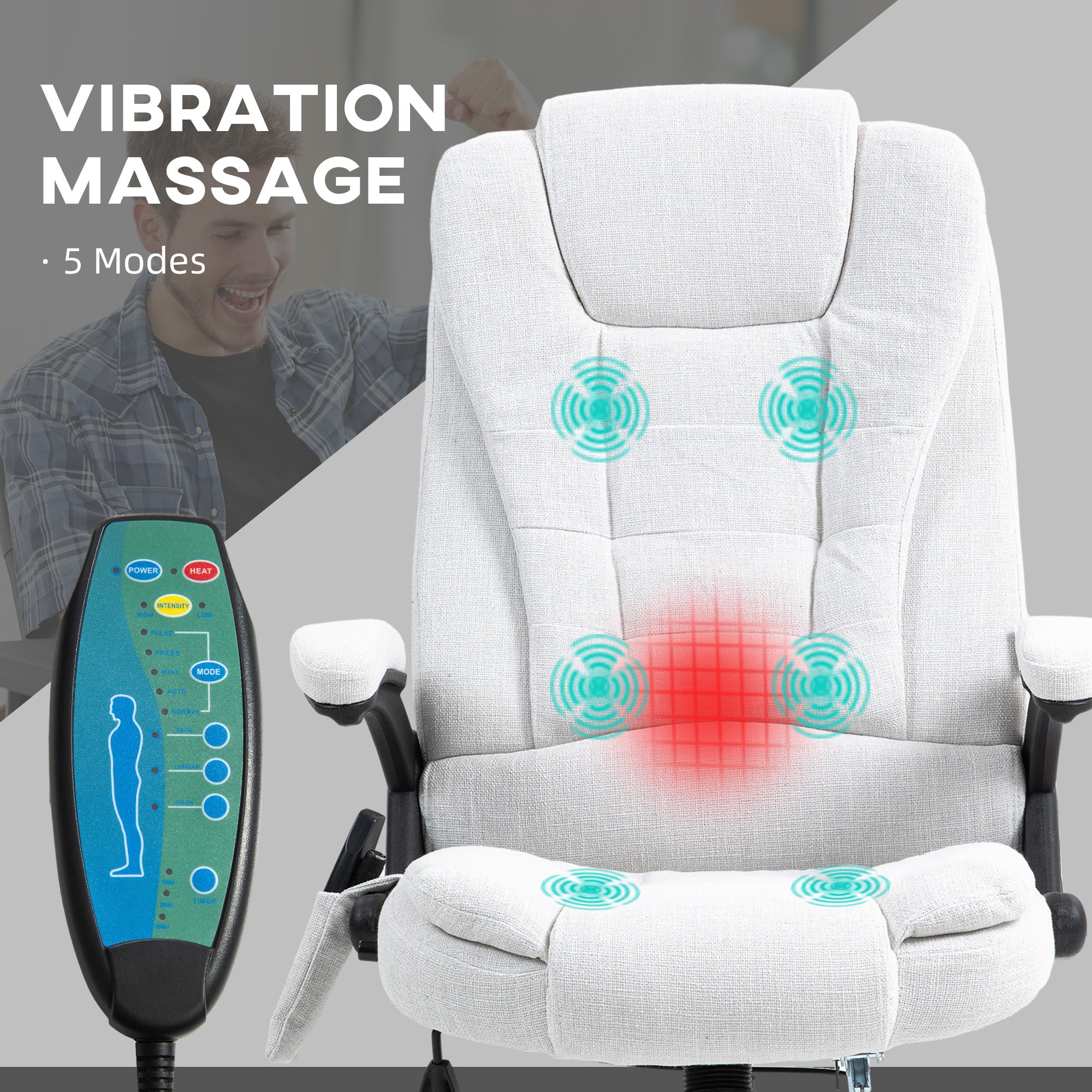 Ergonomische bureaustoel met 6-punts massage en rugverwarming, linnenlook stof, cr��me wit