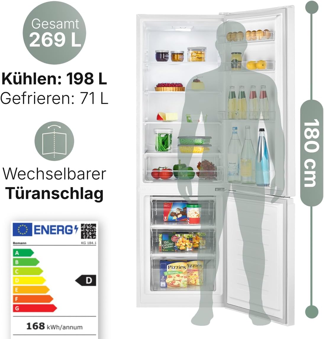 Bomann  Fridge-freezer, 269 l capacity - cooling: 198 L | freezing: 71 l, energy saving, quiet 39 dB, LED, interchangeable door stop, height: 180 x width: 55 x depth: 56 cm - KG 184.1 inox