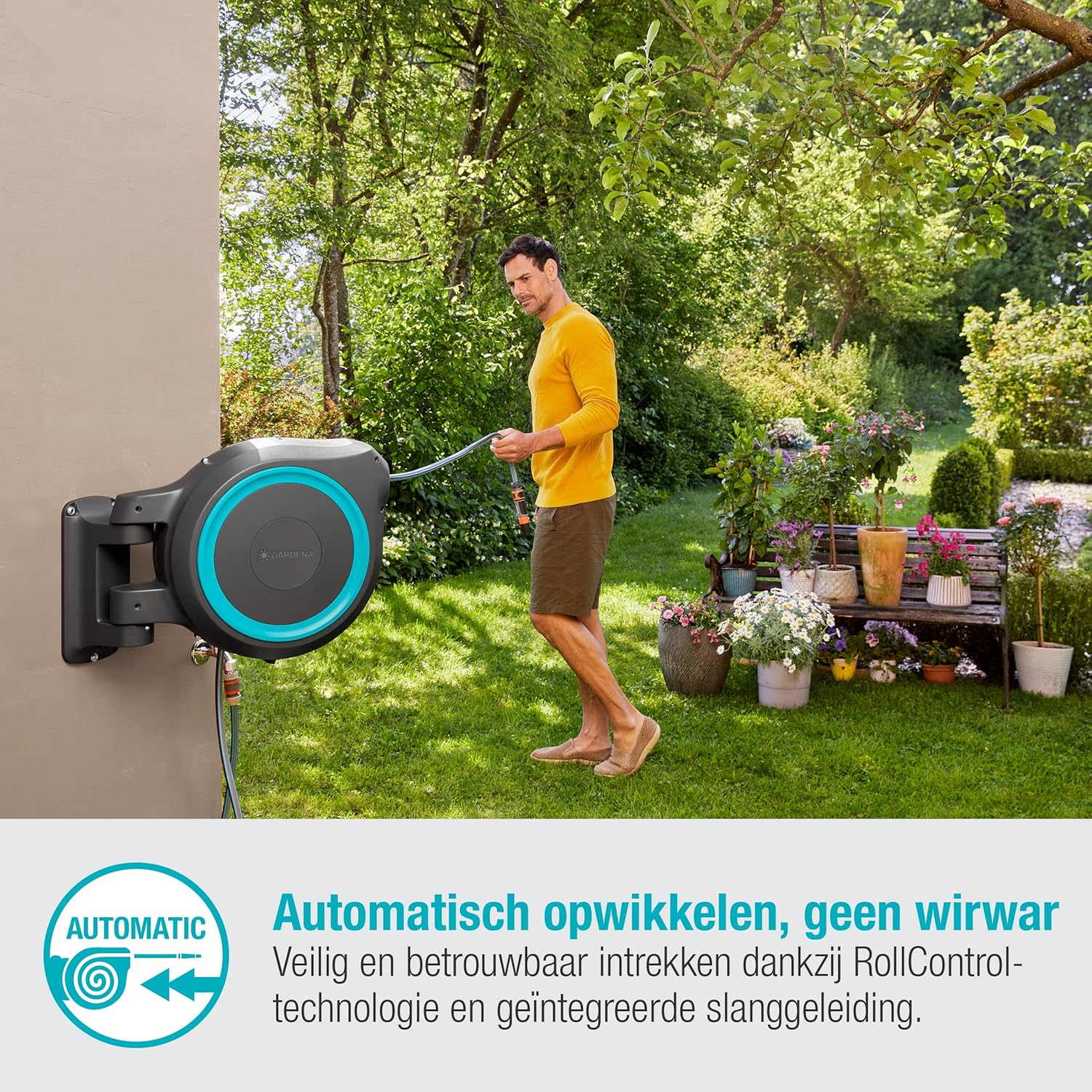 Gardena Wall-Mounted Hose Box RollUp M/L (White) 25 m: Flexible Watering for Medium to Large Gardens, Swivelling Hose Box, Includes 25 m Gardena Quality Hose and Mounting Tool (18622-20)