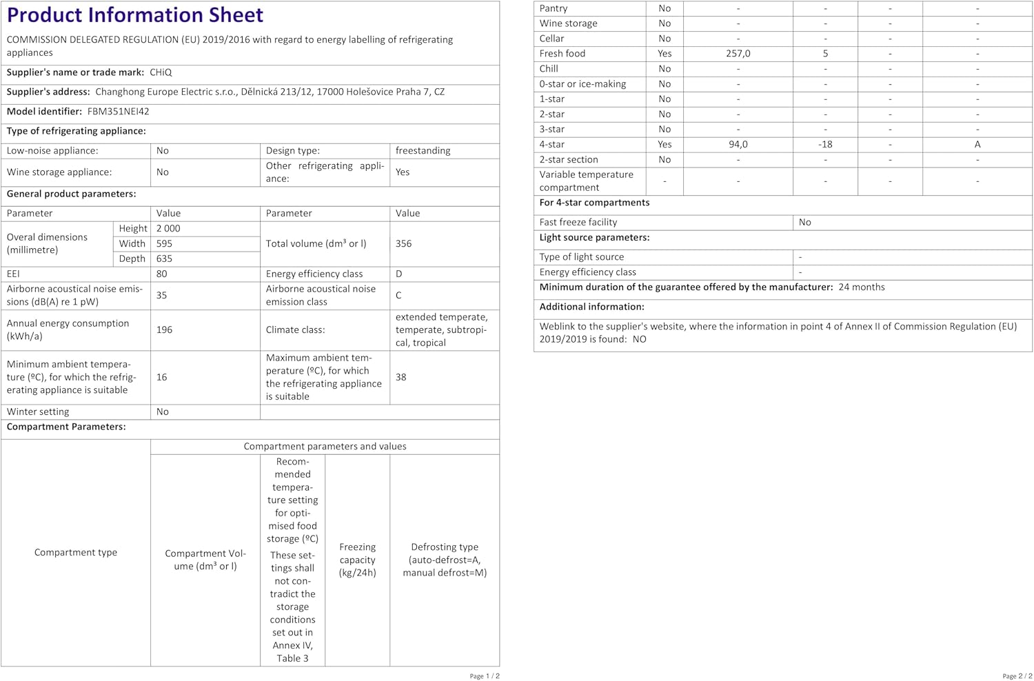 CHiQ FBM351NEI42, Fridge-Freezer, 356 Liters(260 + 96 L), No Frost, Silent 35dB, Inverter Compressor, Digital LED Display, 12 Year Warranty on Compressor, Stainless Steel