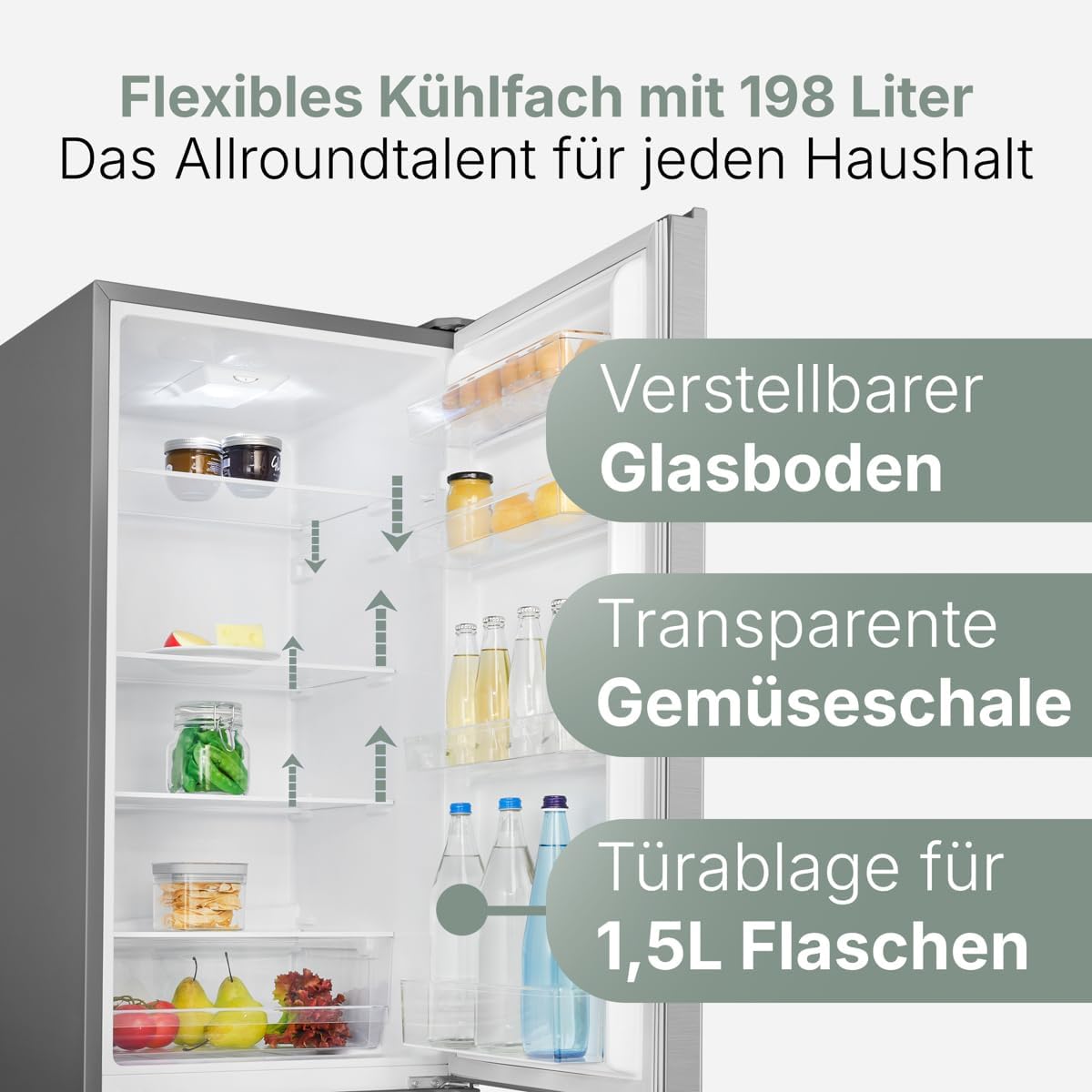 Bomann  Fridge-freezer, 269 l capacity - cooling: 198 L | freezing: 71 l, energy saving, quiet 39 dB, LED, interchangeable door stop, height: 180 x width: 55 x depth: 56 cm - KG 184.1 inox