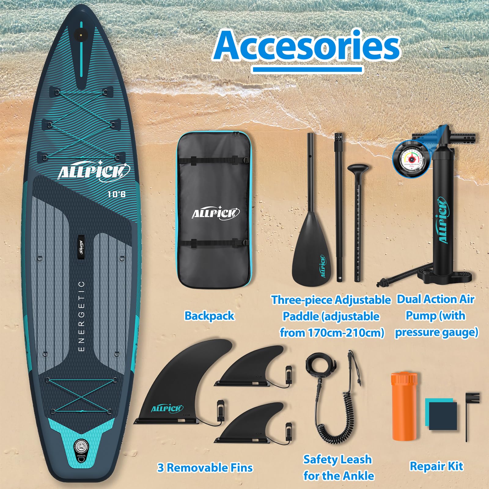 2025 Premium Set ALLPICK SUP Paddleboard, Opblaasbare Paddle Surfplank, met Universele Camerahouder, Complete Accessoires, Verstelbare Peddel, Beginners en Gevorderden, 180 kg (Premium Groen)
