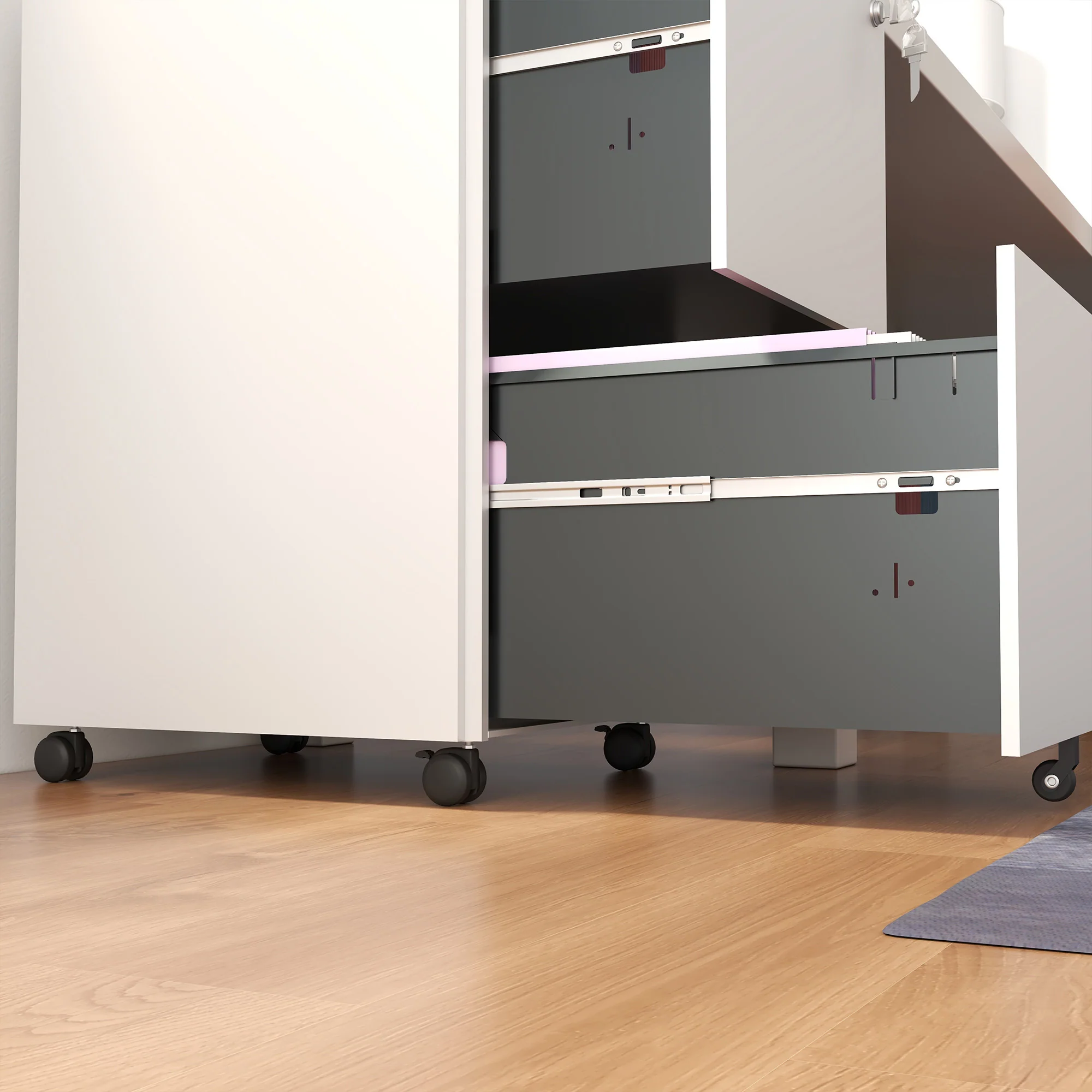 Mobiele stalen archiefkast met 2 laden en slot, lage bureaula, wit