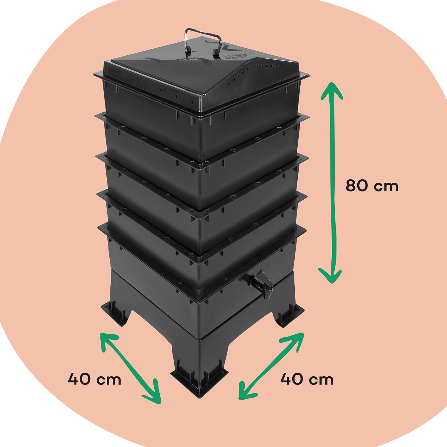 Billiebin Starter Set | Worm Hotel 64L - 4 Floors incl. Compost Worms Starting Substrate + Coconut Block + Accessories | Worm Farm - Worm Bowl (Green)