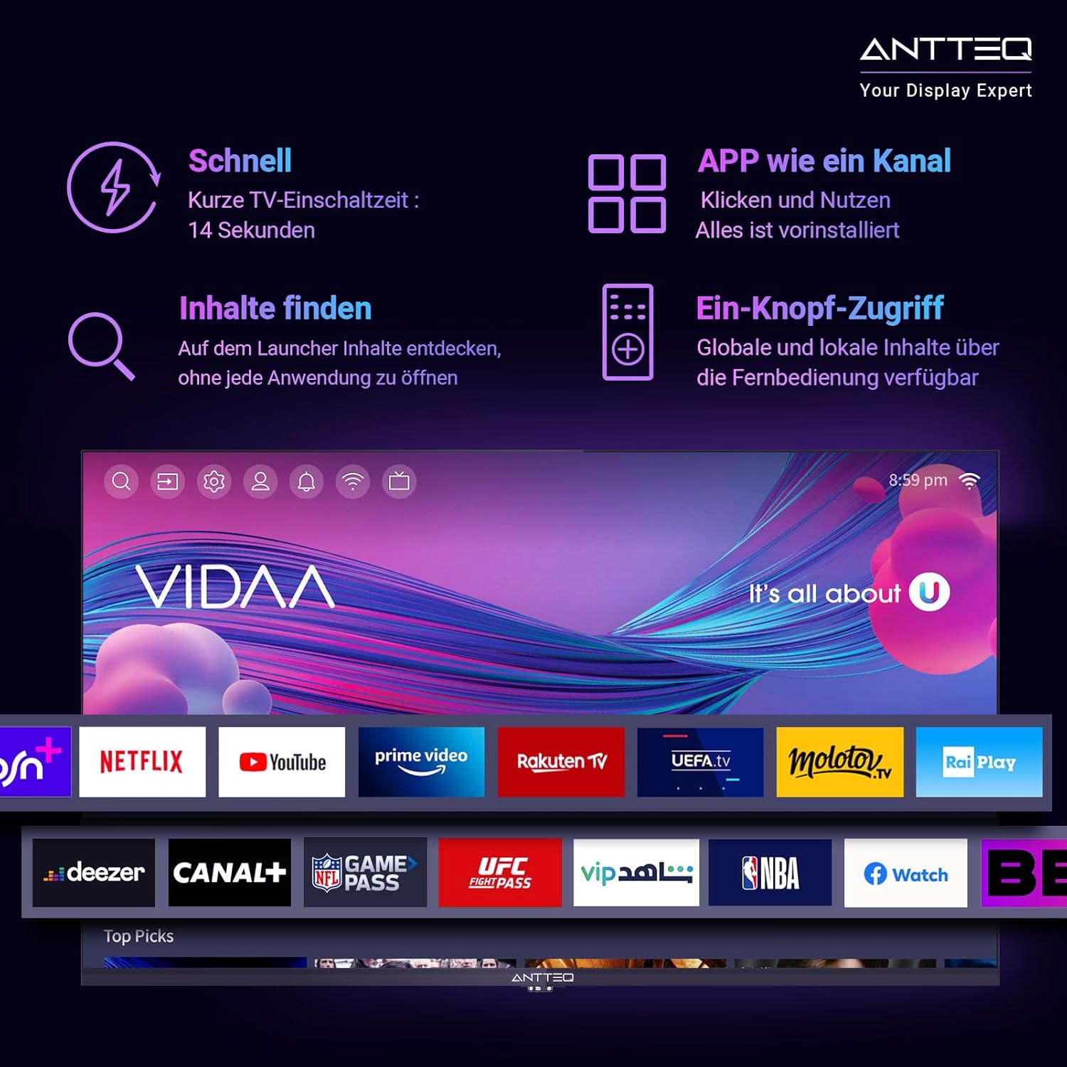 ANTTEQ AB42D1 TV 42 Inch (TV 106 cm), Dolby Audio, LED, HDMI, Media Player via USB, Digital Audio Output, Triple Tuner DVB-C/T2/S2, CI+, Hotel Mode Included