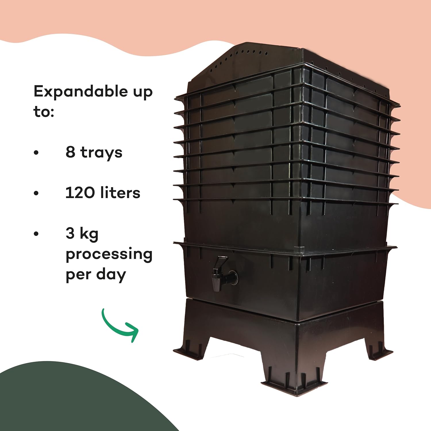 Billiebin Starter Set | Worm Hotel 64L - 4 Floors incl. Compost Worms Starting Substrate + Coconut Block + Accessories | Worm Farm - Worm Bowl (Green)