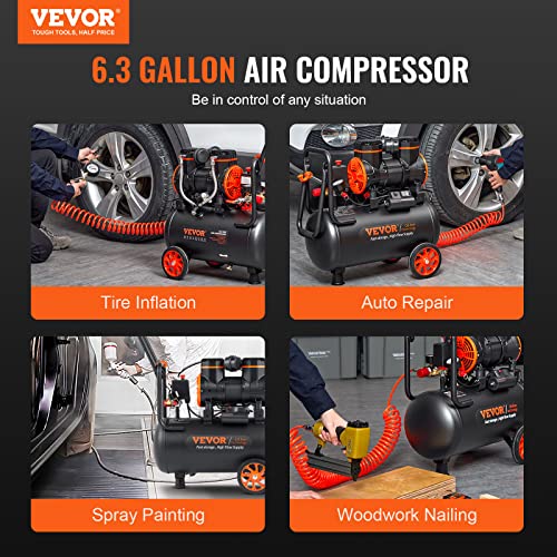 VEVOR 6,3 Gallon Luchtcompressor, 2 HP, 3,35 CFM, Tank en Olievrije Luchtcompressor