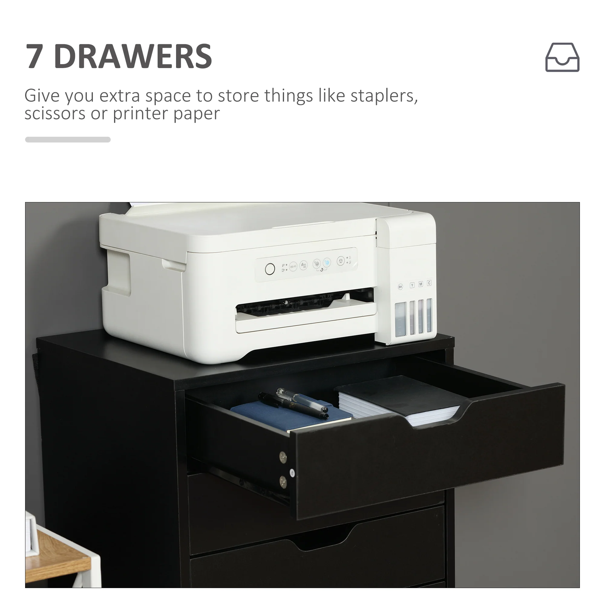 Verticale Archiefkast met 7 Lades, Mobiele Kantoorkast op Wieltjes voor Studie of Kantoor, Zwart