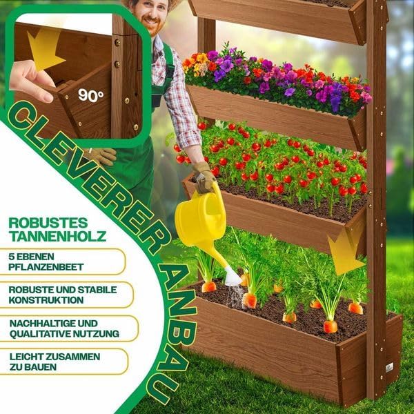 KESSER  Plant Staircase Herbs Flowers in Stair Shape Herb Garden Flower Boxes Including Root Cloth Bed for Plants for Patio, Balcony and Garden (5 Shelves, Brown)