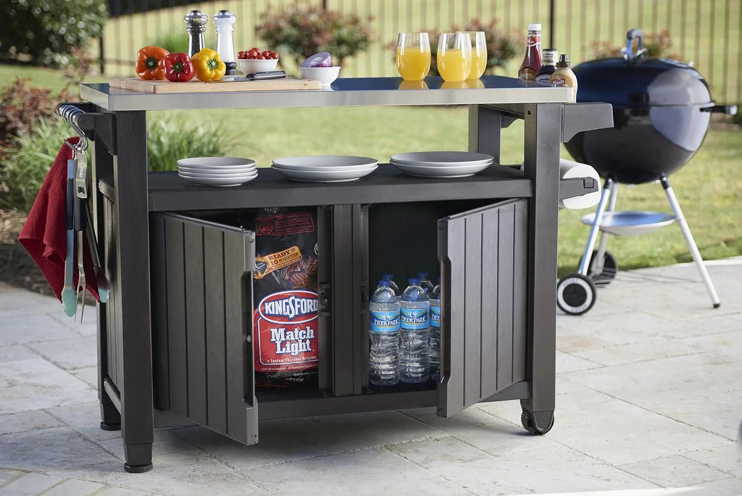 Keter Outdoor Rolling Table Cart voor voedselbereiding, opslag, bar en grill, donkerbruin