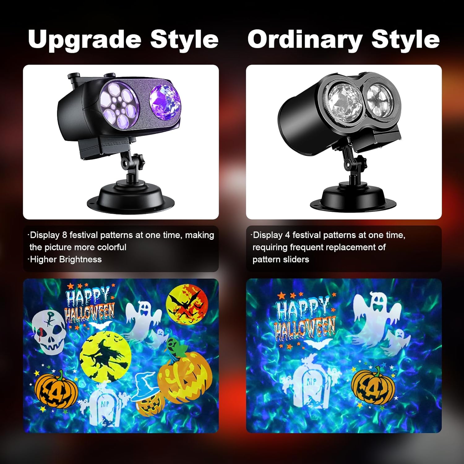 2025 Improved Brighter Halloween Decorations Projector Lights for Home, Display 8 Patterns at a Time (3D Ocean Wave & Patterns), 8 Themes Holiday Projector Halloween Day Home Decoration Light Show