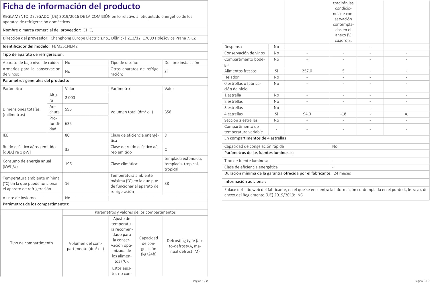 CHiQ FBM351NEI42, Fridge-Freezer, 356 Liters(260 + 96 L), No Frost, Silent 35dB, Inverter Compressor, Digital LED Display, 12 Year Warranty on Compressor, Stainless Steel