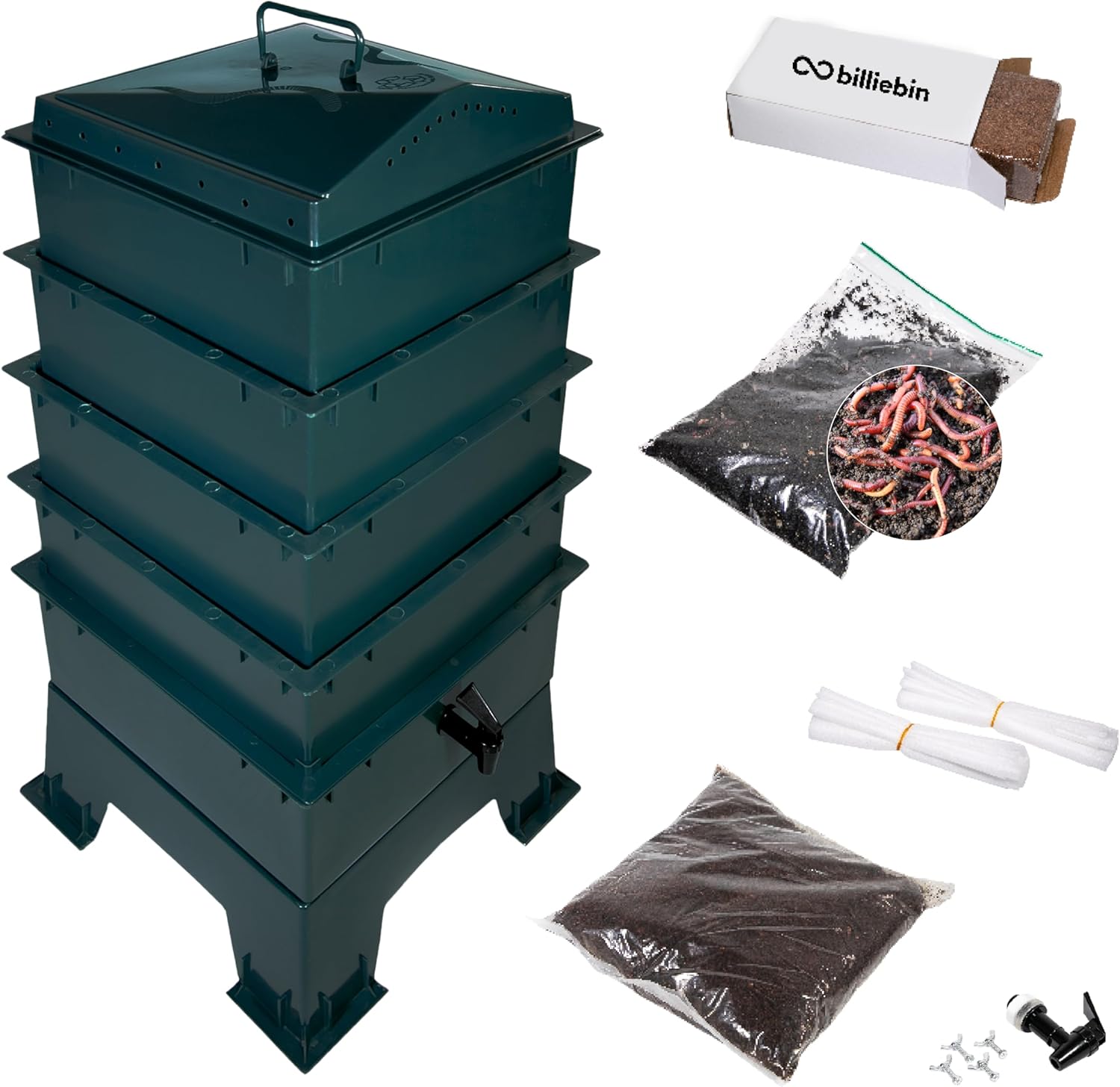 Billiebin Starter Set | Worm Hotel 64L - 4 Floors incl. Compost Worms Starting Substrate + Coconut Block + Accessories | Worm Farm - Worm Bowl (Green)