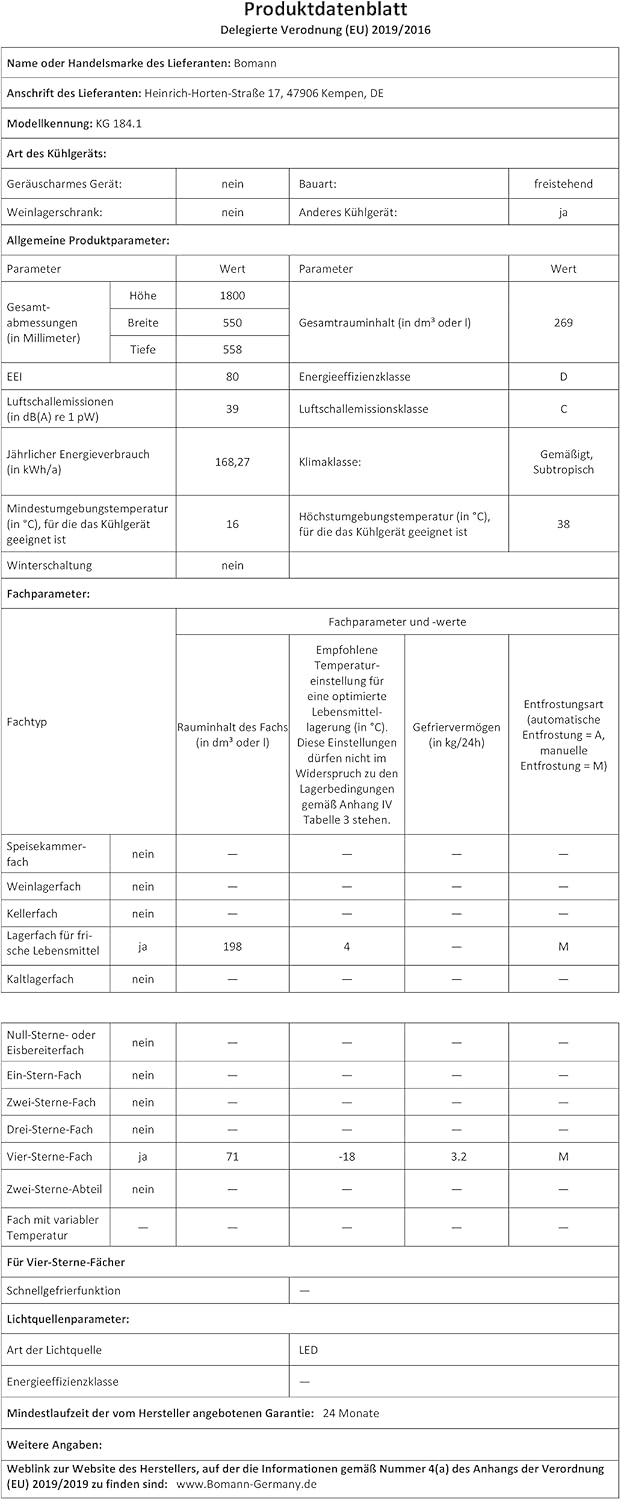 Bomann  Fridge-freezer, 269 l capacity - cooling: 198 L | freezing: 71 l, energy saving, quiet 39 dB, LED, interchangeable door stop, height: 180 x width: 55 x depth: 56 cm - KG 184.1 inox