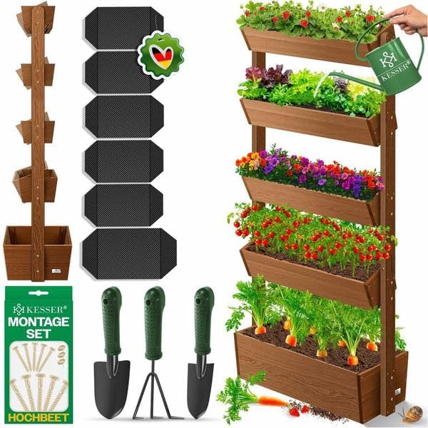 KESSER  Plant Staircase Herbs Flowers in Stair Shape Herb Garden Flower Boxes Including Root Cloth Bed for Plants for Patio, Balcony and Garden (5 Shelves, Brown)