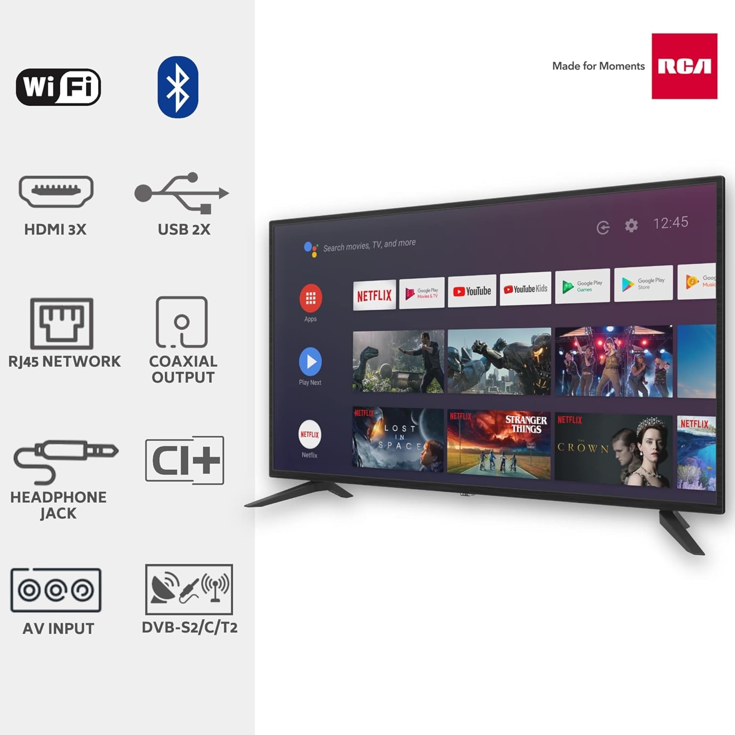 RCA RS32H2 Android Smart TV 32 inch (80 cm) Televisie met Google Assistant, Chromecast, Netflix, Prime Video, Google Play, YouTube, Disney+, WiFi, BT-afstandsbediening met microfoon, DVB-S/S2/T/T2/C