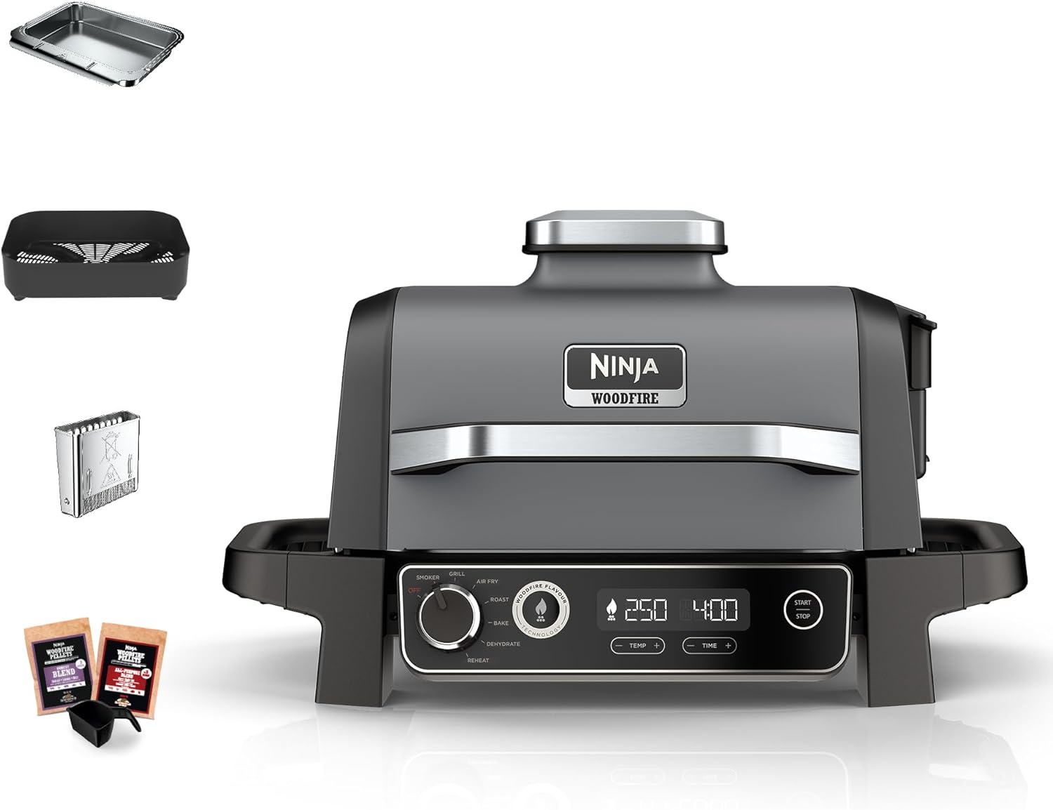 Ninja Woodfire Pro Connect XL Electric BBQ Grill & Smoker with App Control, Digital Sensor, Large 7-in-1 Grill & Air Fryer with Wood Fire Pellets, Weatherproof, Black OG901EU